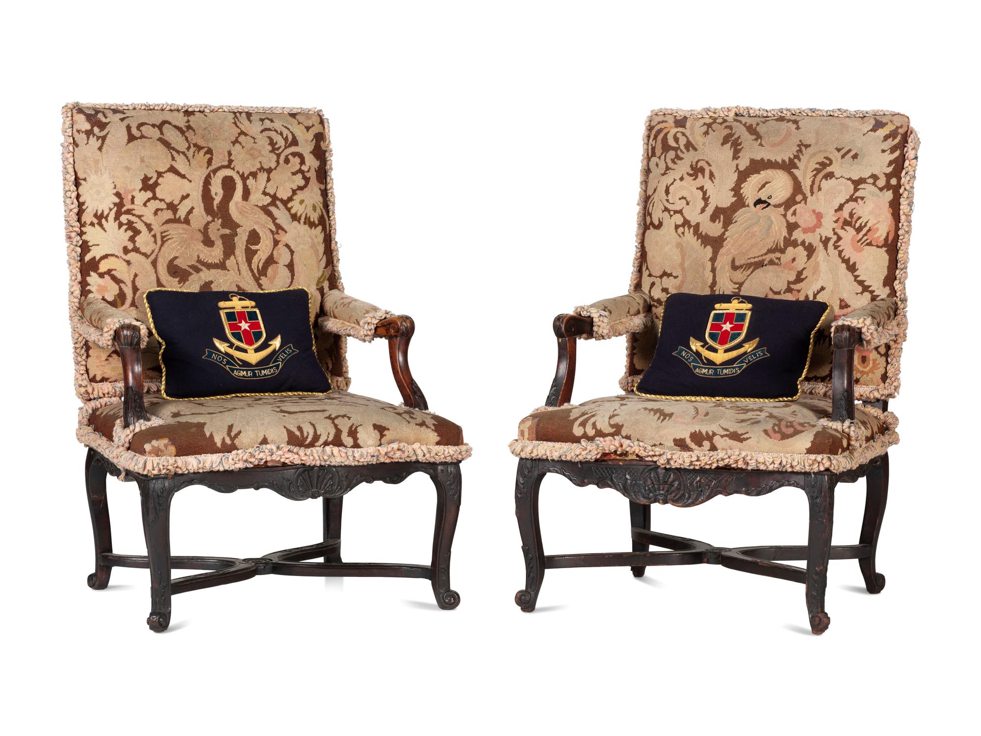 A Pair of Louis XV Style Carved Walnut Needlepoint Upholstered Fauteuils
