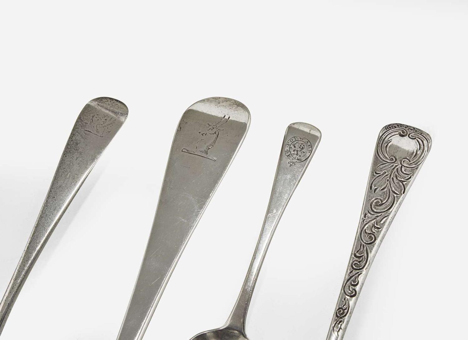 An assorted group of nine George III and Victorian sterling silver tablewares, various makers, various dates ranging 1748-1854