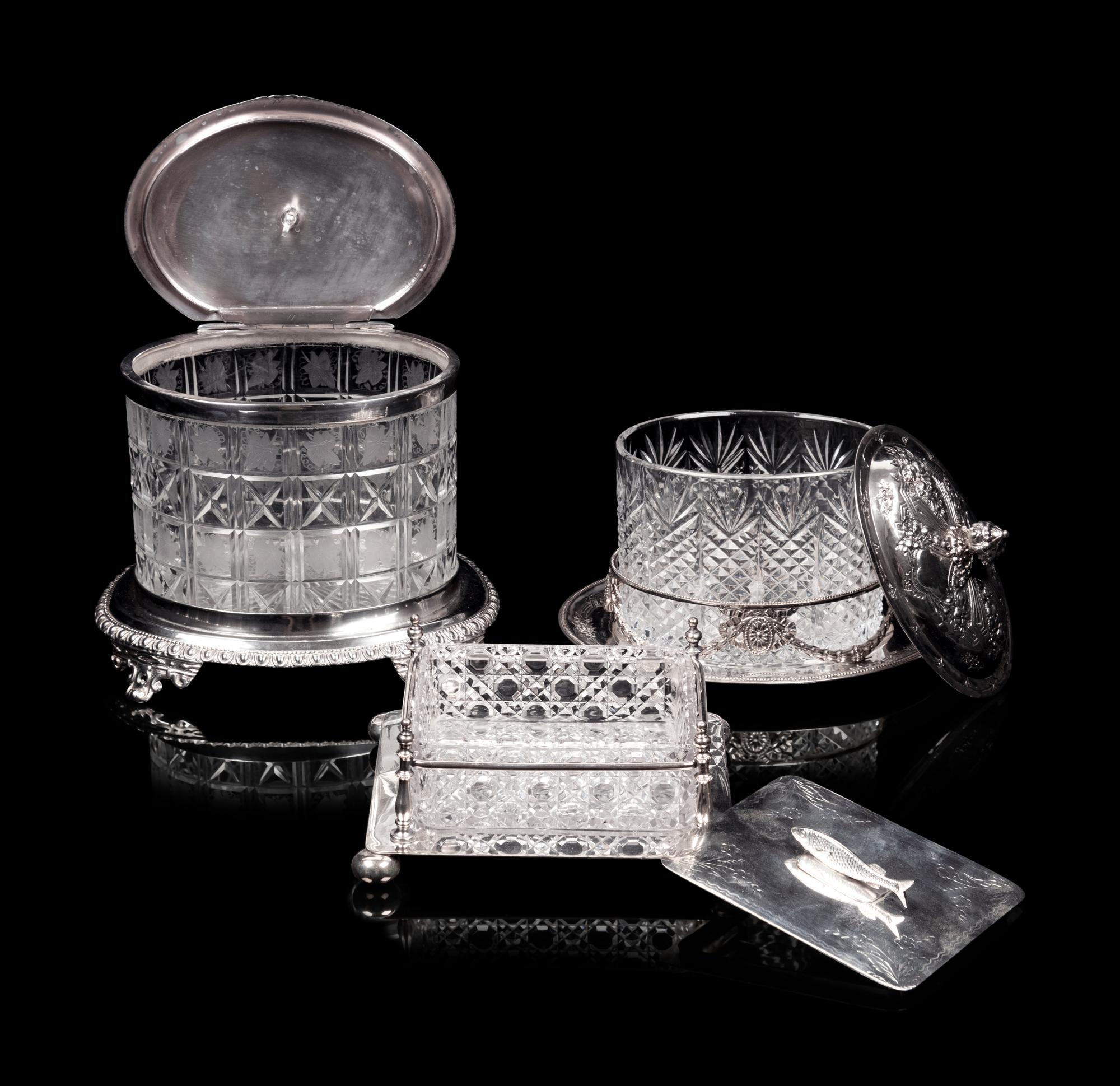 Two English Silver-Plate and Cut Glass Biscuit Jars and A Similar Sardine Box