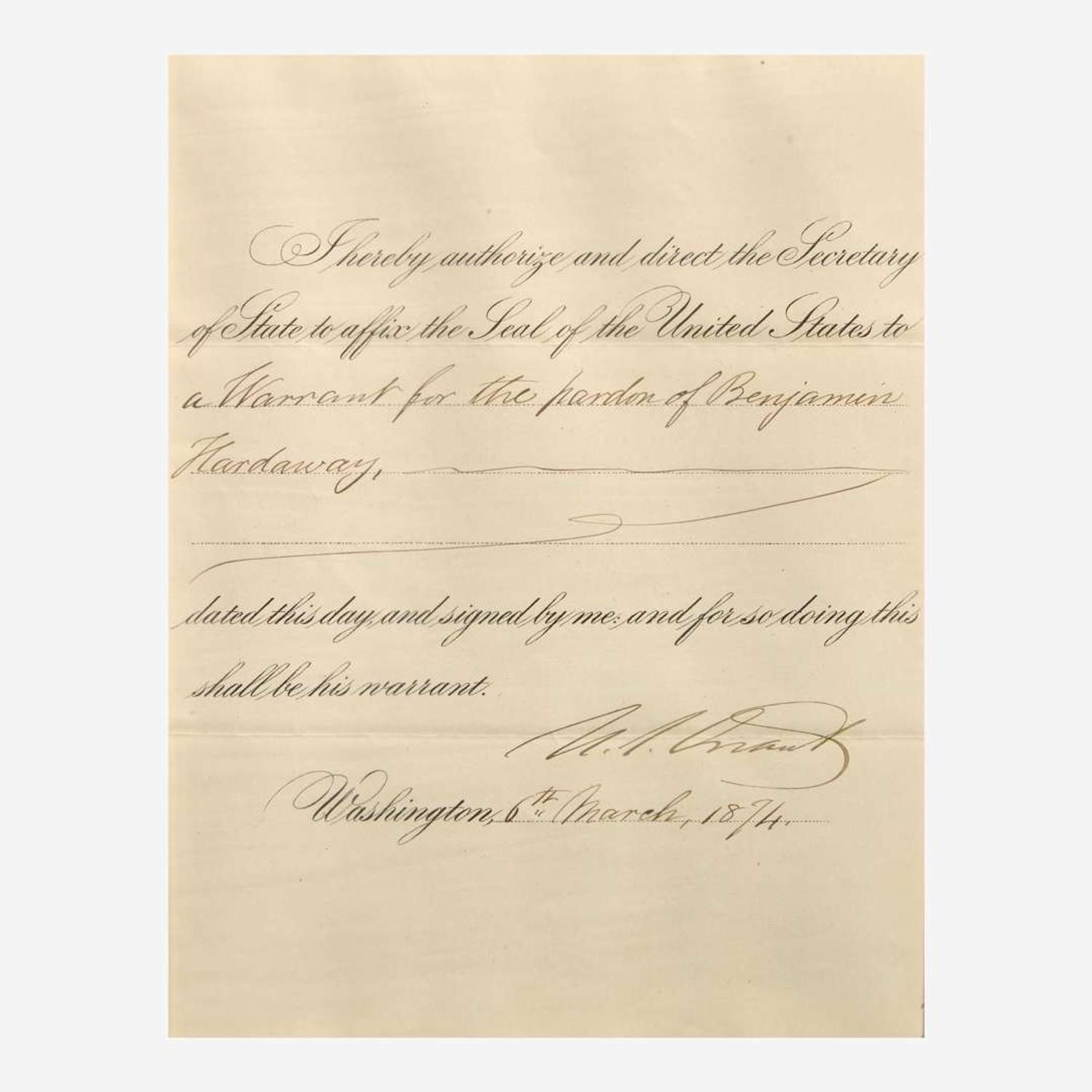 [Presidential] Grant, Ulysses S. Partially-Printed Document, signed