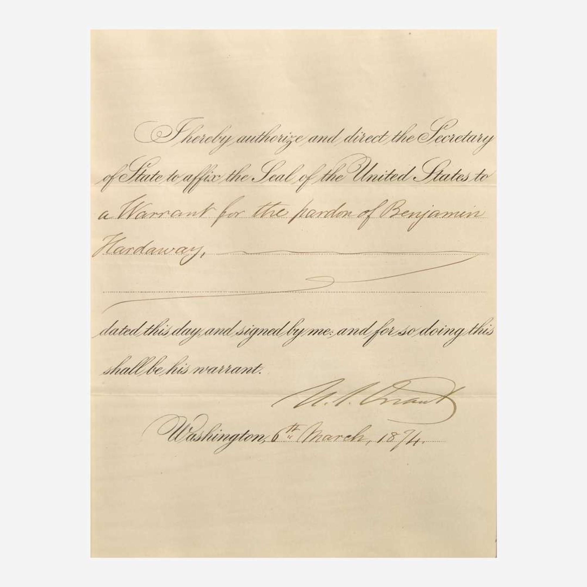 [Presidential] Grant, Ulysses S. Partially-Printed Document, signed