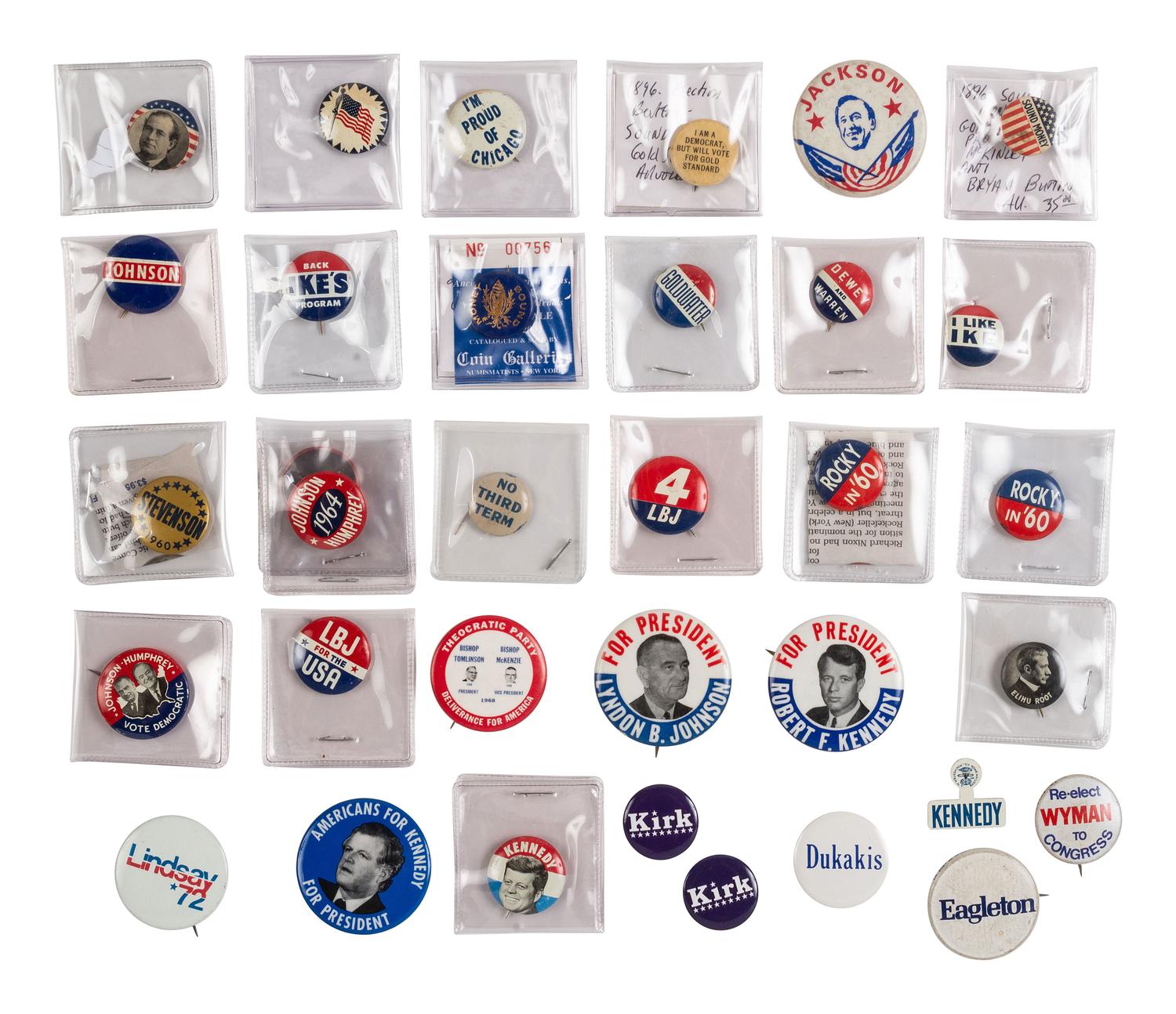 [POLITICS]. A group of over 100 political buttons, including: