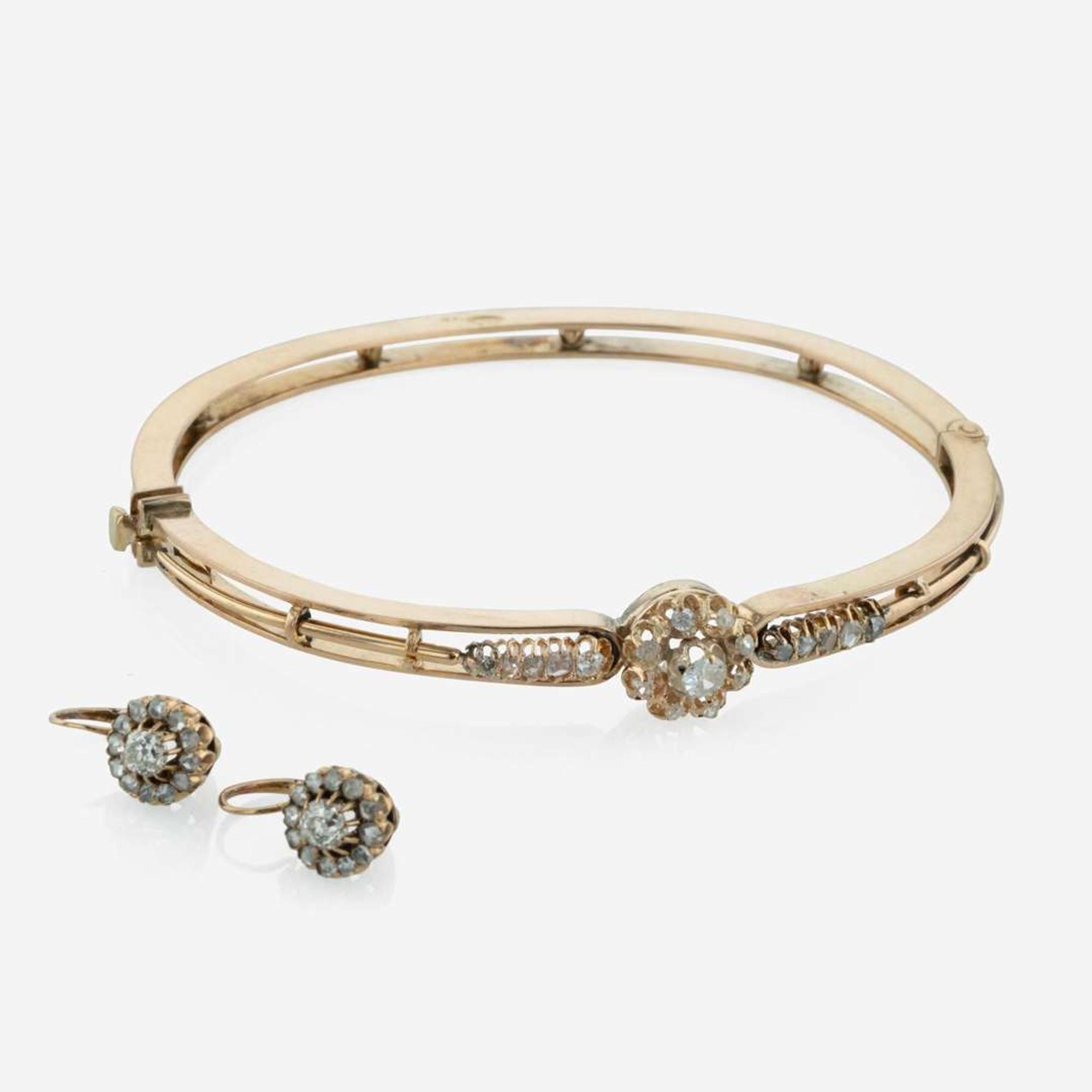 14K Yellow Gold and Diamond Bracelet and Earrings