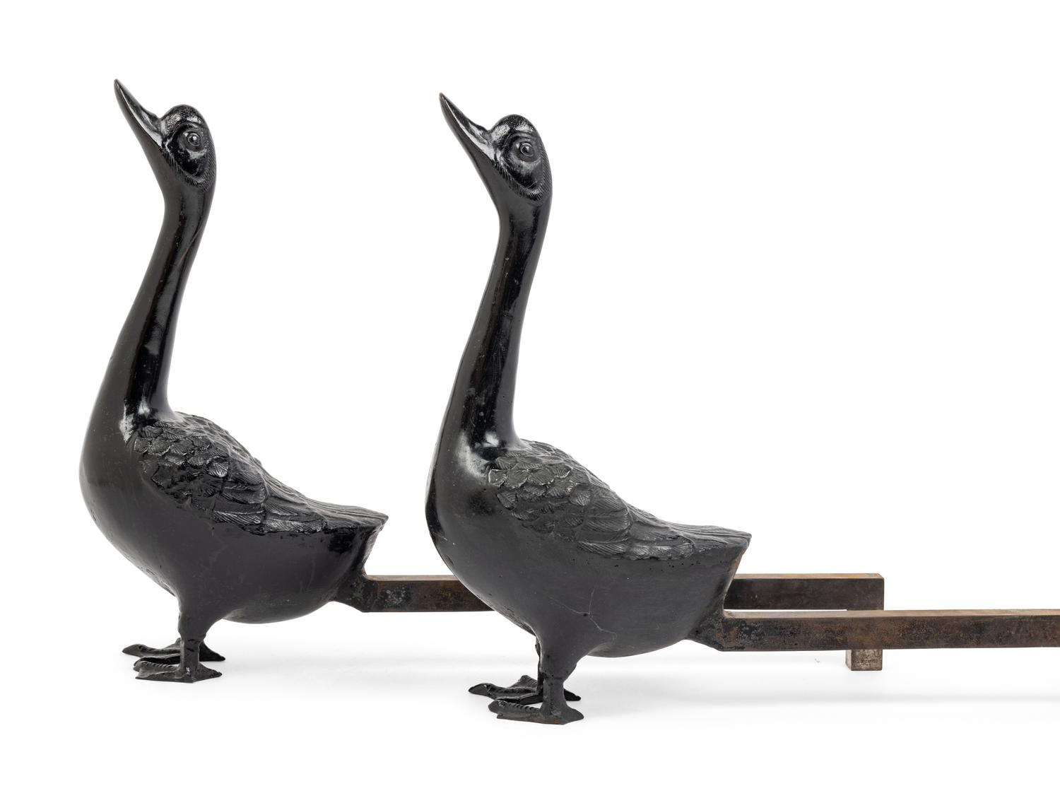 A Pair of Cast Metal Goose-Form Andirons