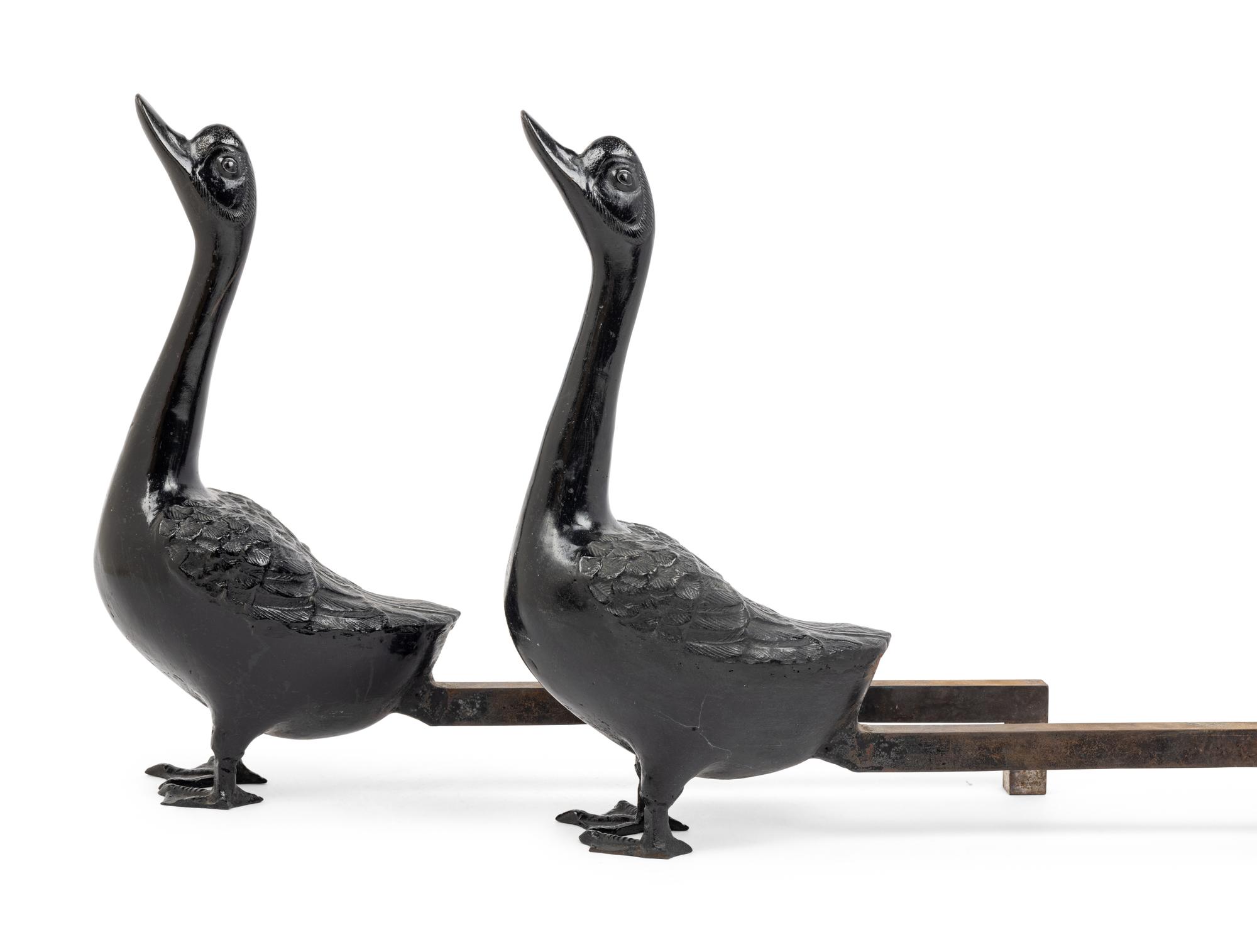 A Pair of Cast Metal Goose-Form Andirons