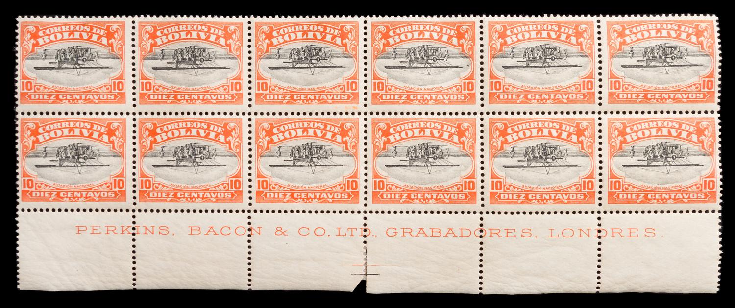 An Imprint Block of Twelve Bolivia 1924 Center Invert 10-Centavo Air Post Stamps