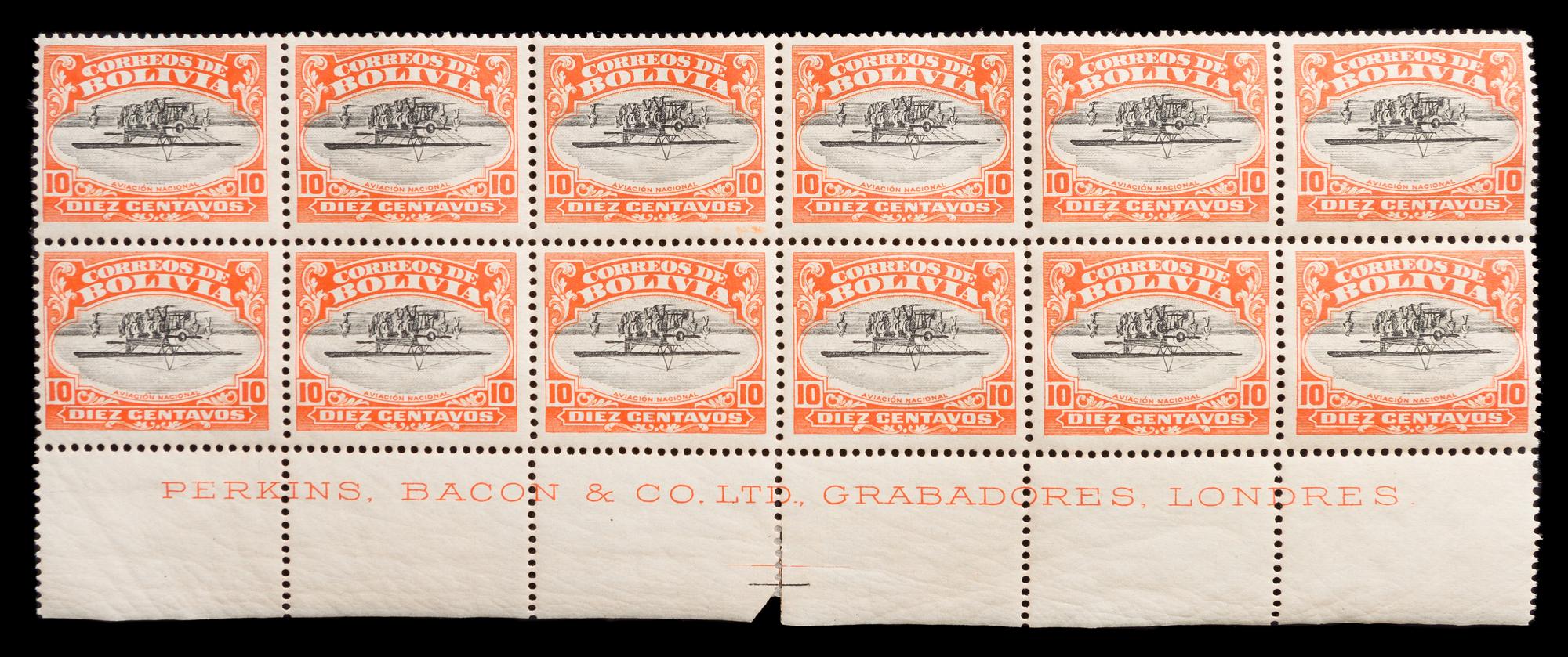 An Imprint Block of Twelve Bolivia 1924 Center Invert 10-Centavo Air Post Stamps