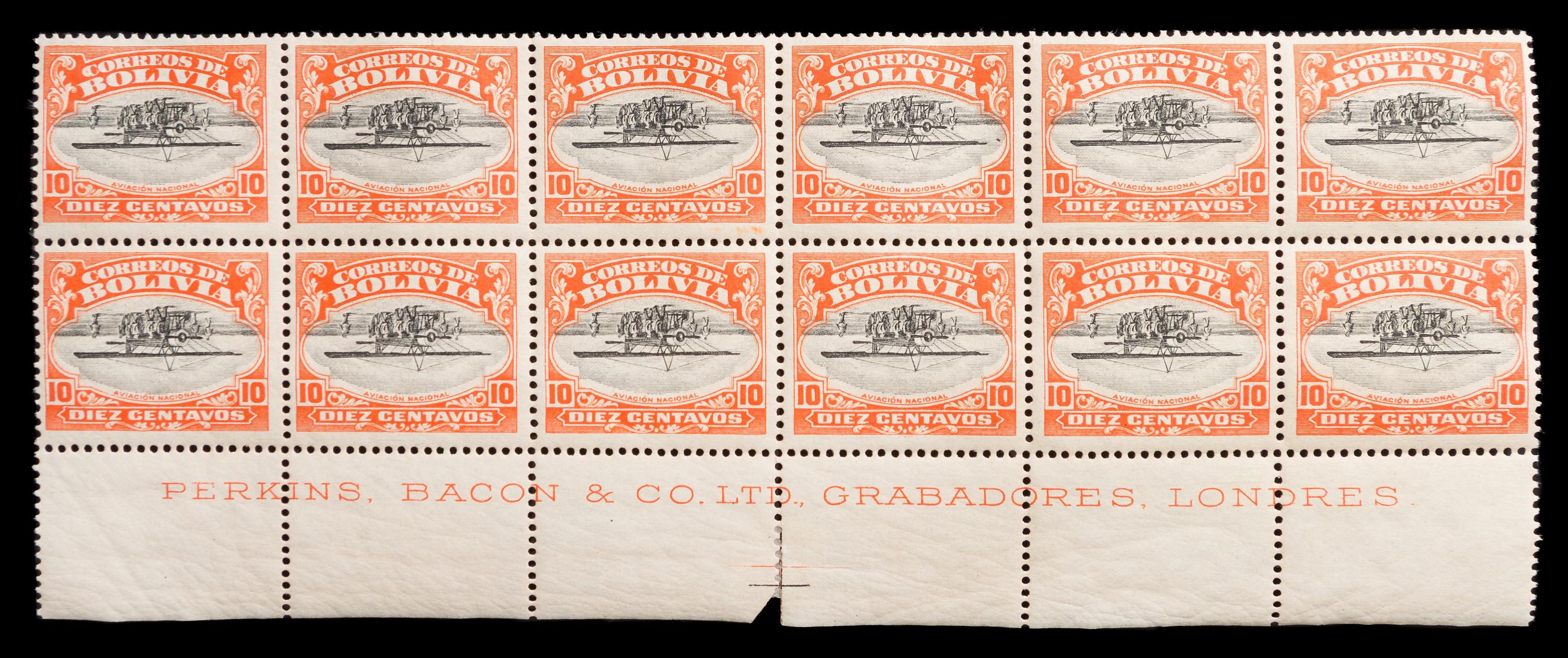An Imprint Block of Twelve Bolivia 1924 Center Invert 10-Centavo Air Post Stamps