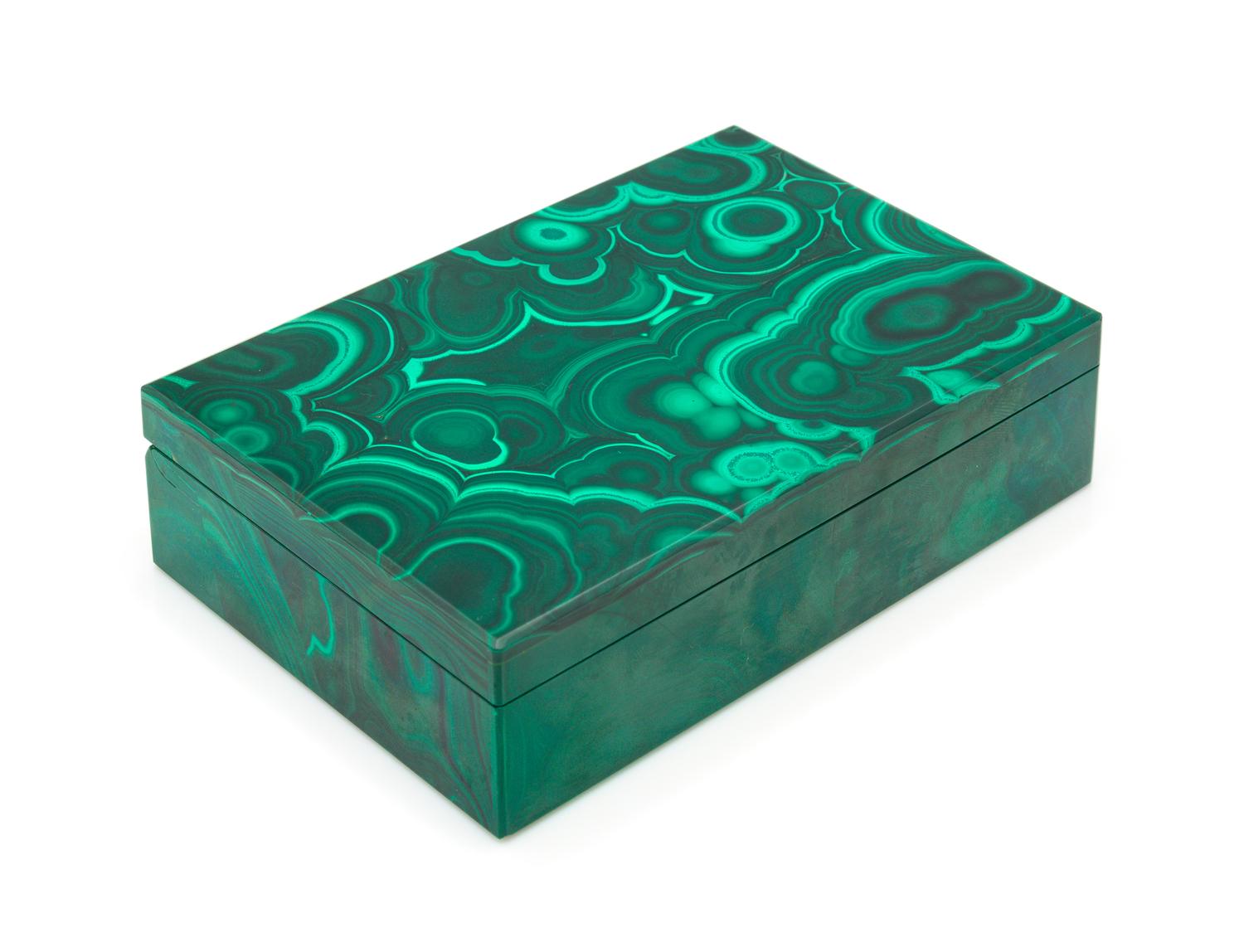 A Malachite Veneered Table Casket Width 6 x depth 4 inches.
