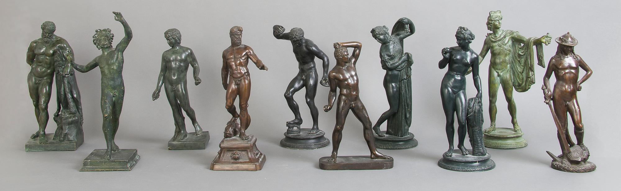 A Collection of Ten Neoclassical Bronze and Cast Metal Figures, Average height 10 1/2 inches.