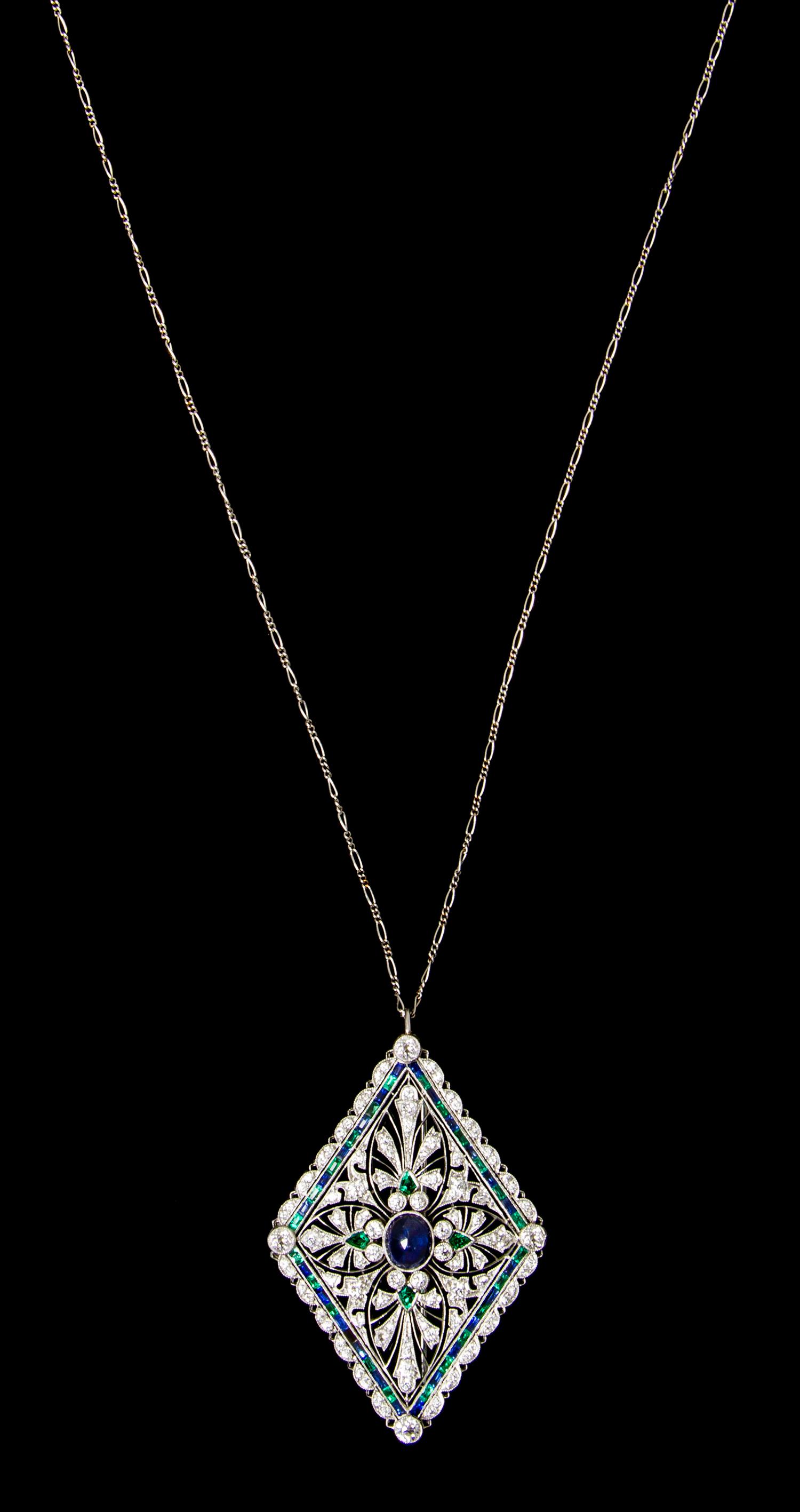A Fine Platinum, Sapphire, Diamond and Emerald Pendant/Brooch, Tiffany & Co., Circa 1912, 13.70 dwts.