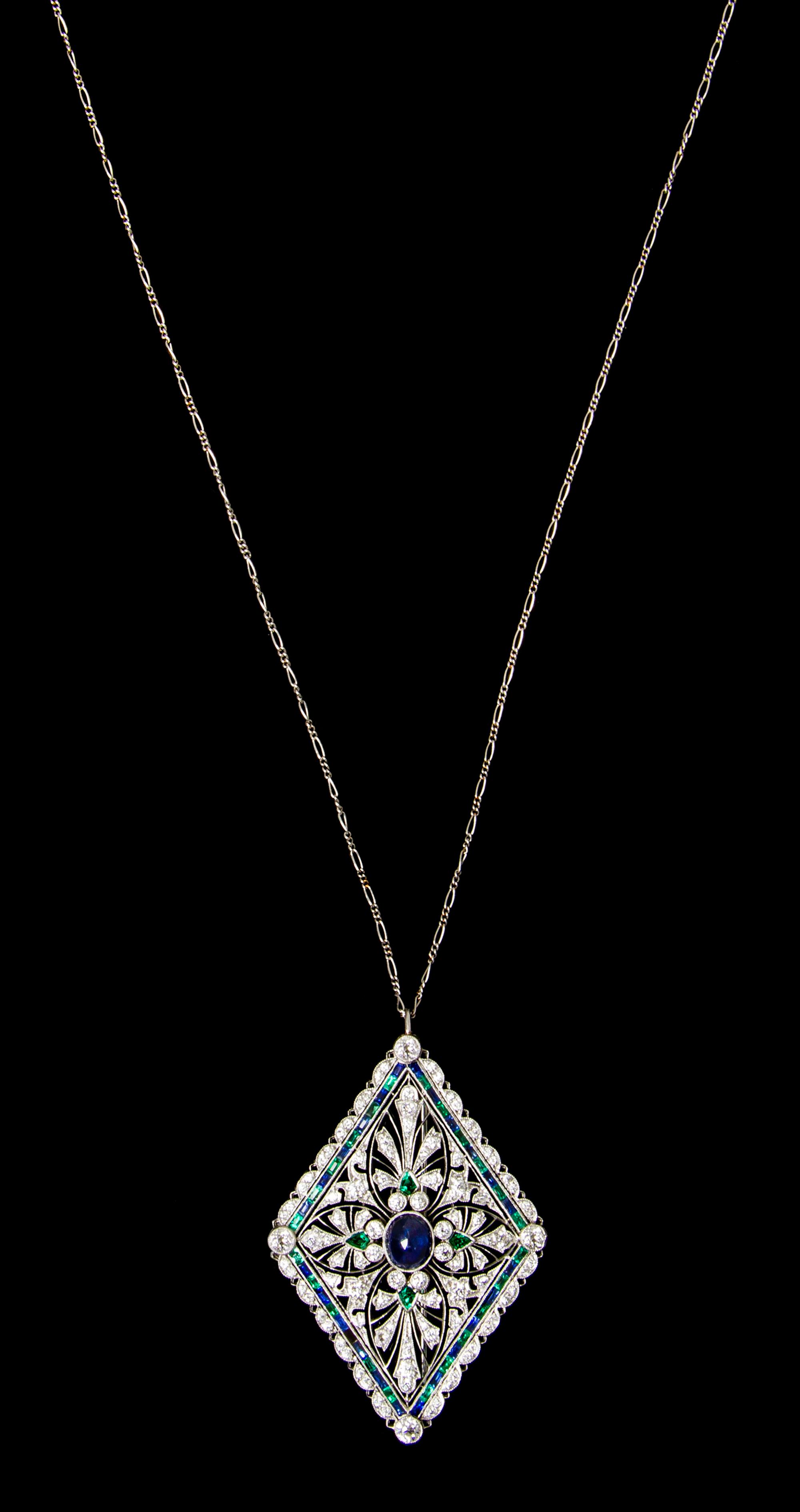 A Fine Platinum, Sapphire, Diamond and Emerald Pendant/Brooch, Tiffany & Co., Circa 1912, 13.70 dwts.