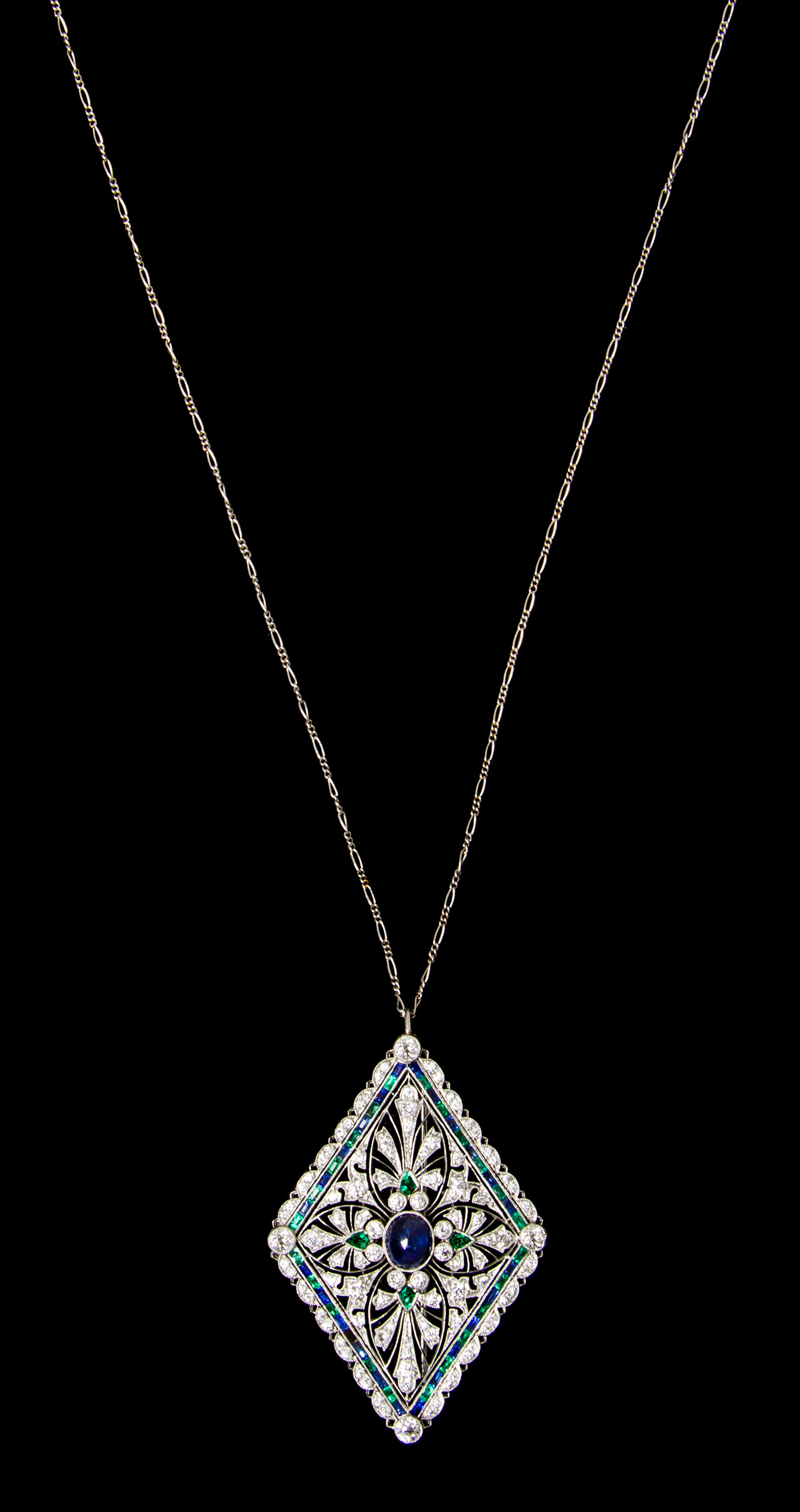 A Fine Platinum, Sapphire, Diamond and Emerald Pendant/Brooch, Tiffany & Co., Circa 1912, 13.70 dwts.