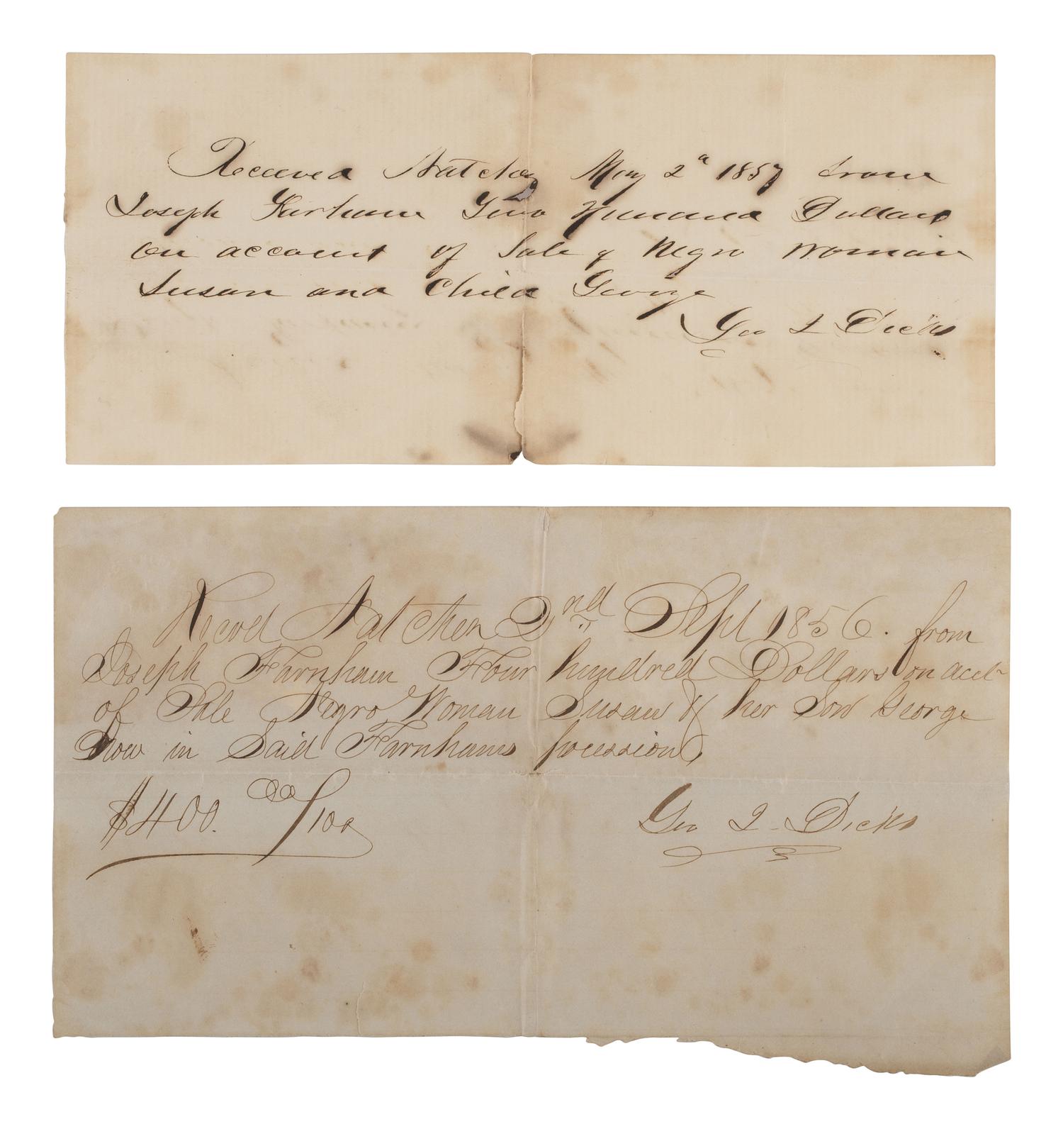 [ENSLAVEMENT]. Pair of receipts for an identified enslaved mother & child. Natchez, MS, 1856-1857.