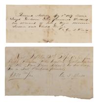 [ENSLAVEMENT]. Pair of receipts for an identified enslaved mother & child. Natchez, MS, 1856-1857.