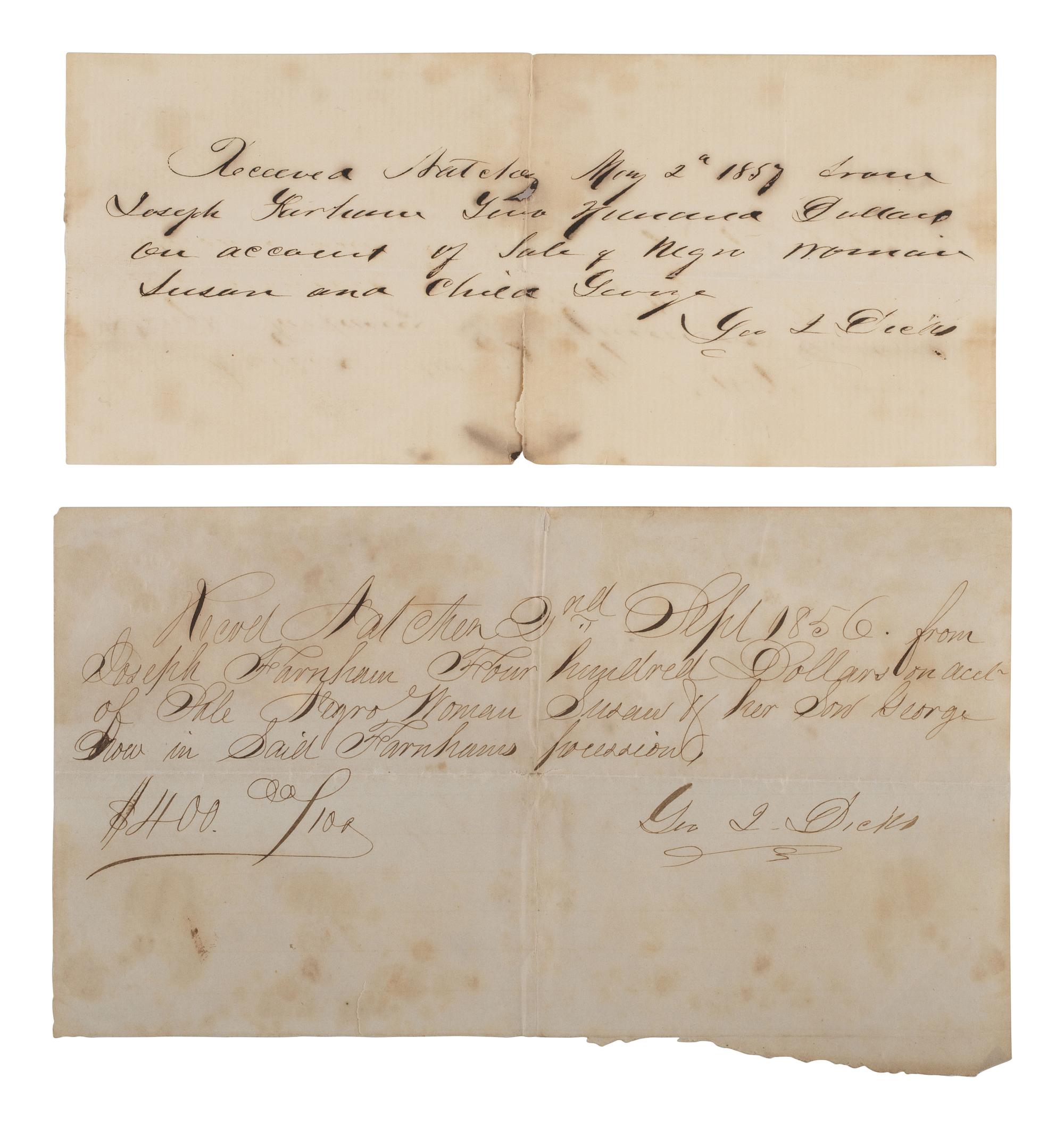 [ENSLAVEMENT]. Pair of receipts for an identified enslaved mother & child. Natchez, MS, 1856-1857.