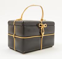A Judith Leiber Black Leather Gift Box Handbag, 7.5" x 4.5" x 4.5"; Handle drop: 3".