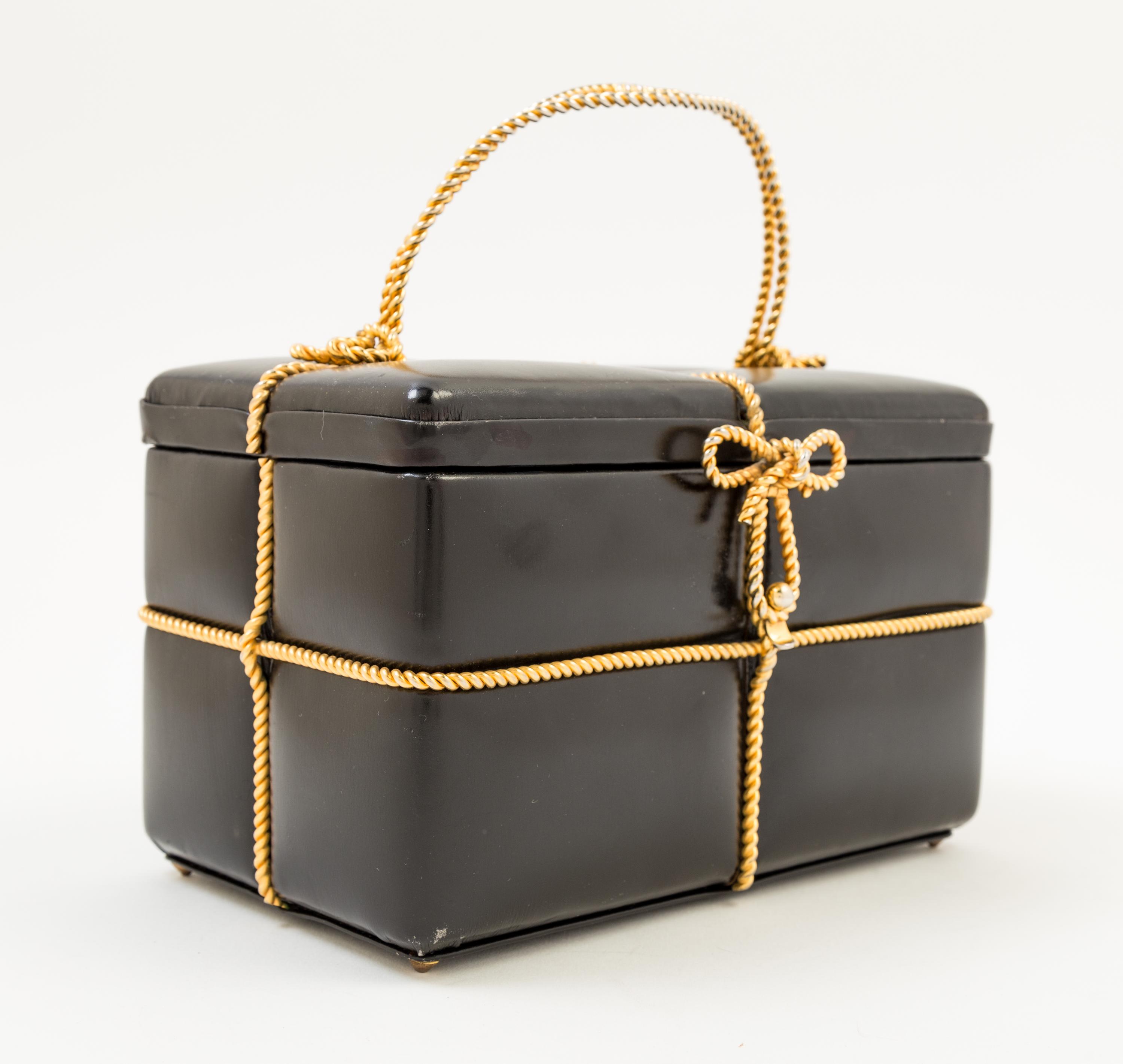 A Judith Leiber Black Leather Gift Box Handbag, 7.5" x 4.5" x 4.5"; Handle drop: 3".