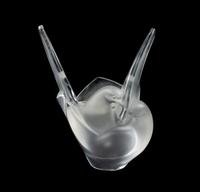 A Lalique Molded and Frosted Glass Vase Height 8 1/2 inches.