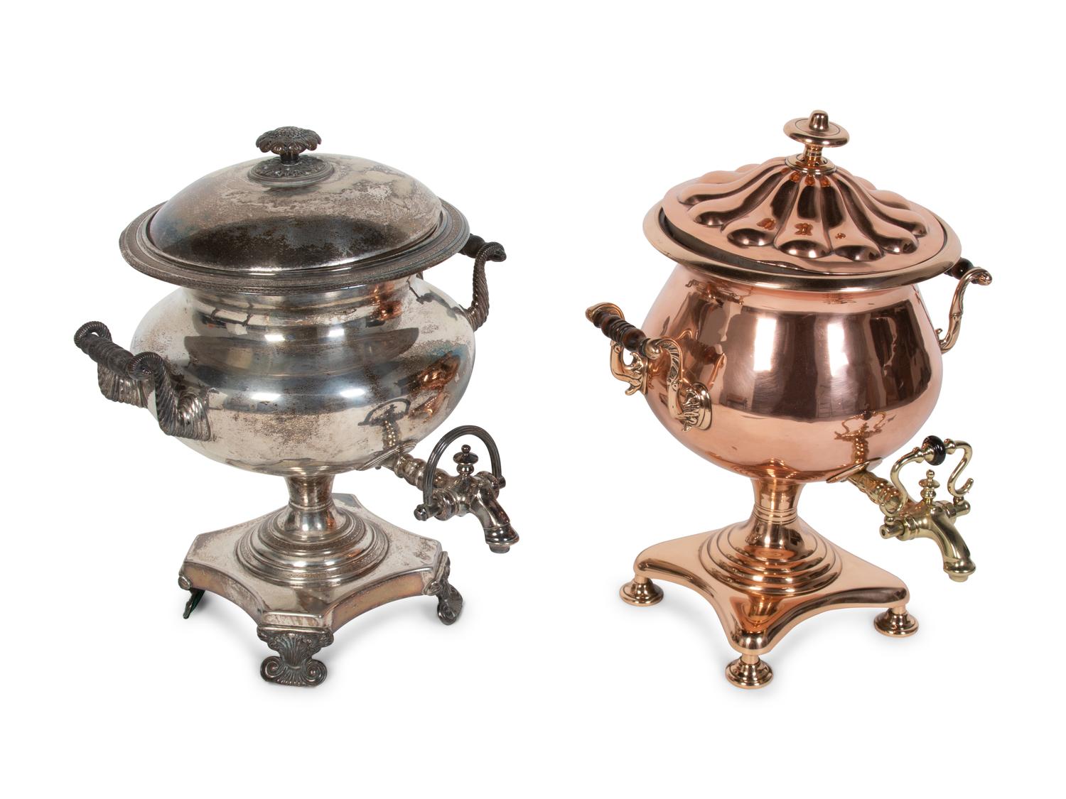 A Copper and Brass Tea Urn and a Silver-Plate Tea Urn