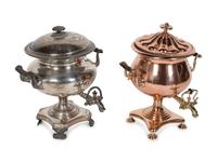 A Copper and Brass Tea Urn and a Silver-Plate Tea Urn