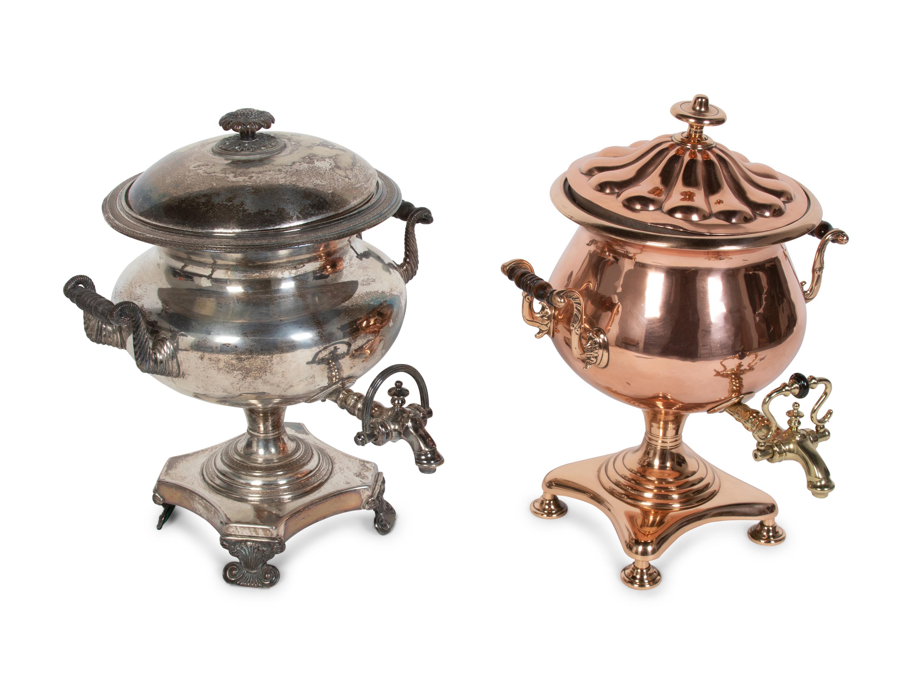 A Copper and Brass Tea Urn and a Silver-Plate Tea Urn