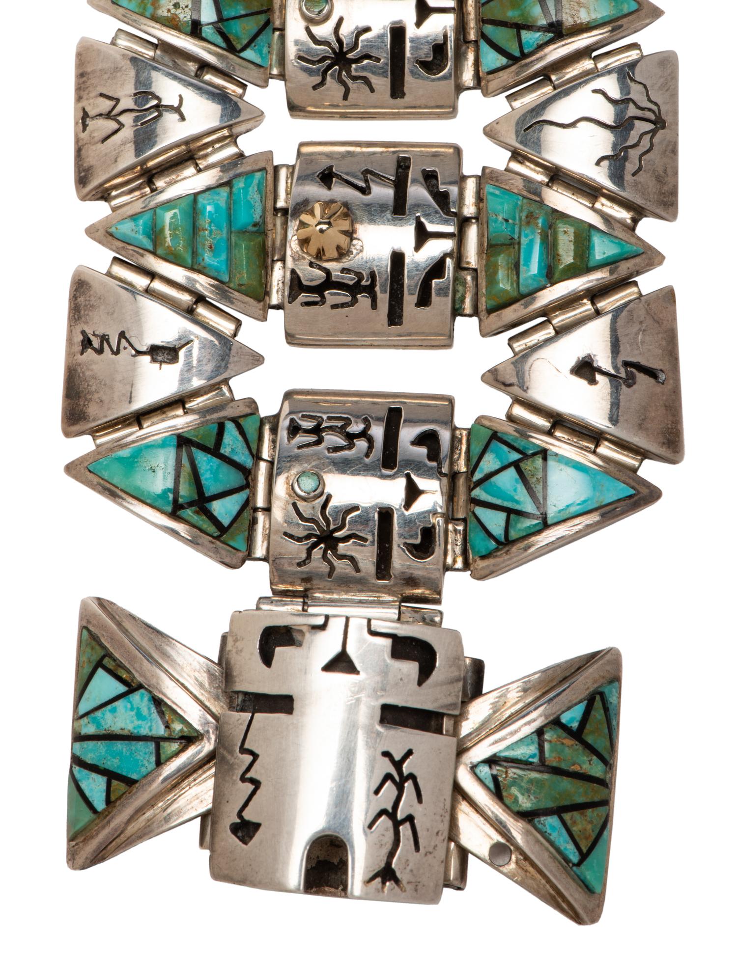 Sterling Silver Link Bracelet, with 14k Gold Accents and Mosaic Turquoise Inlay Lot is located and will ship from Denver, Colorado.