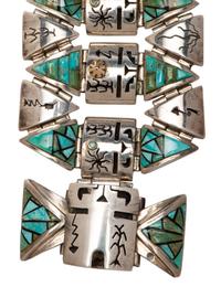 Sterling Silver Link Bracelet, with 14k Gold Accents and Mosaic Turquoise Inlay Lot is located and will ship from Denver, Colorado.