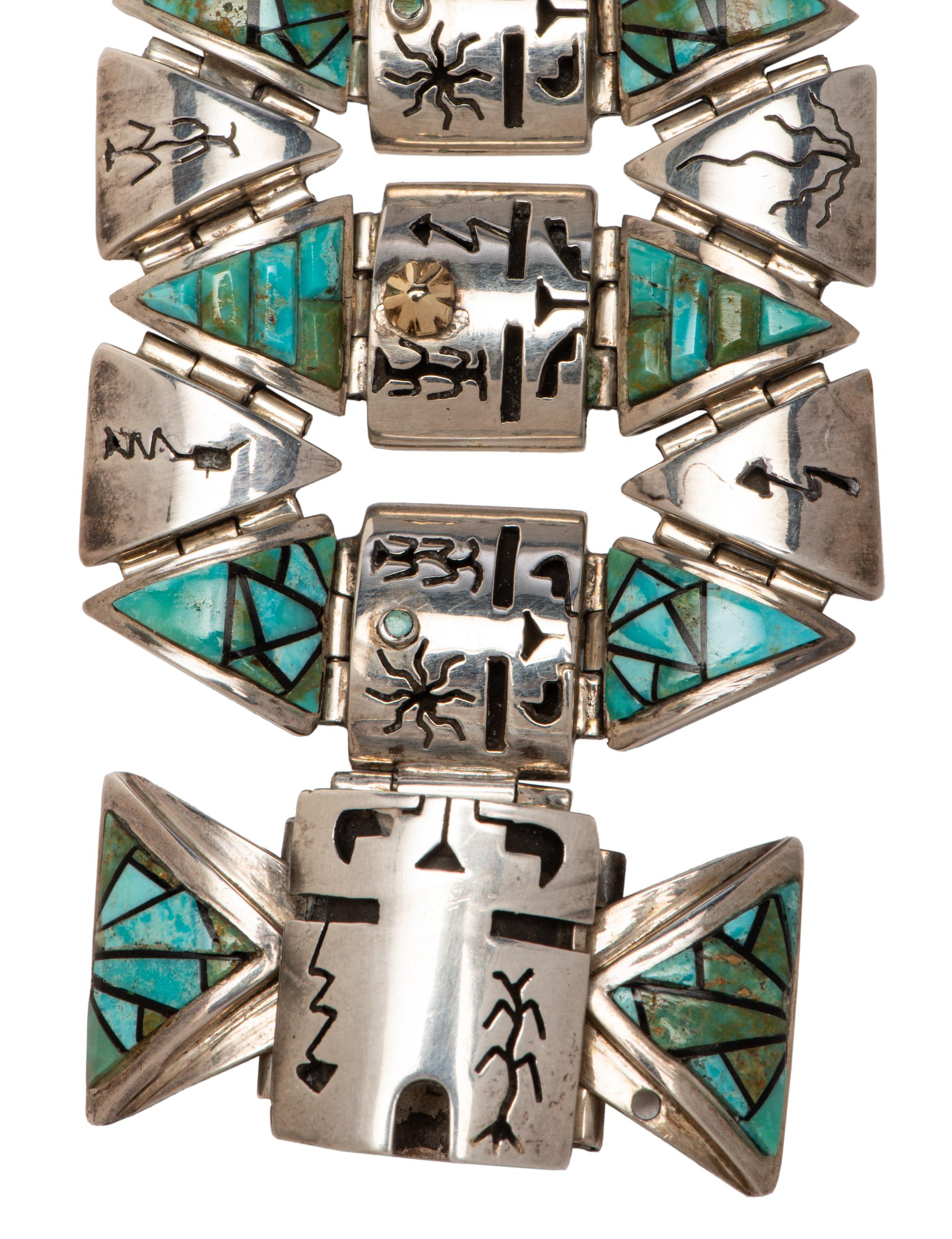 Sterling Silver Link Bracelet, with 14k Gold Accents and Mosaic Turquoise Inlay Lot is located and will ship from Denver, Colorado.