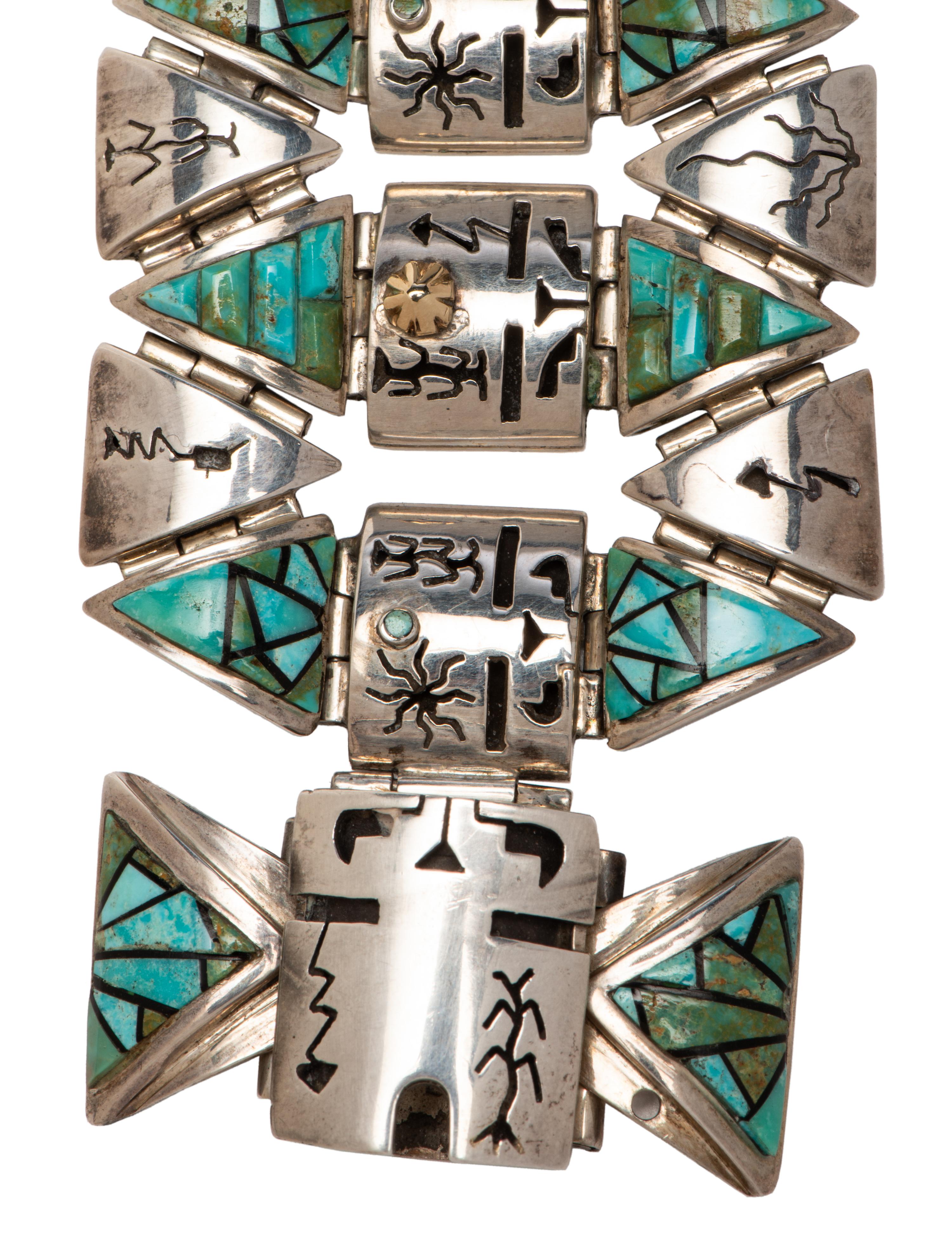Sterling Silver Link Bracelet, with 14k Gold Accents and Mosaic Turquoise Inlay Lot is located and will ship from Denver, Colorado.