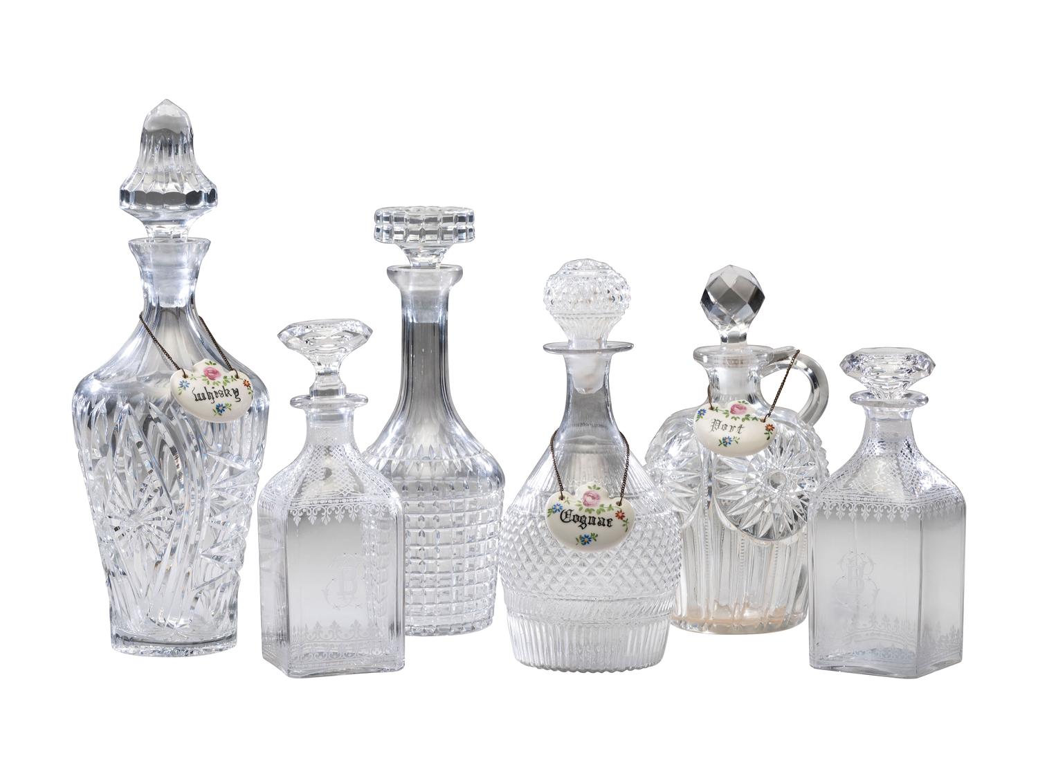 Six Cut and Etched Glass Decanters