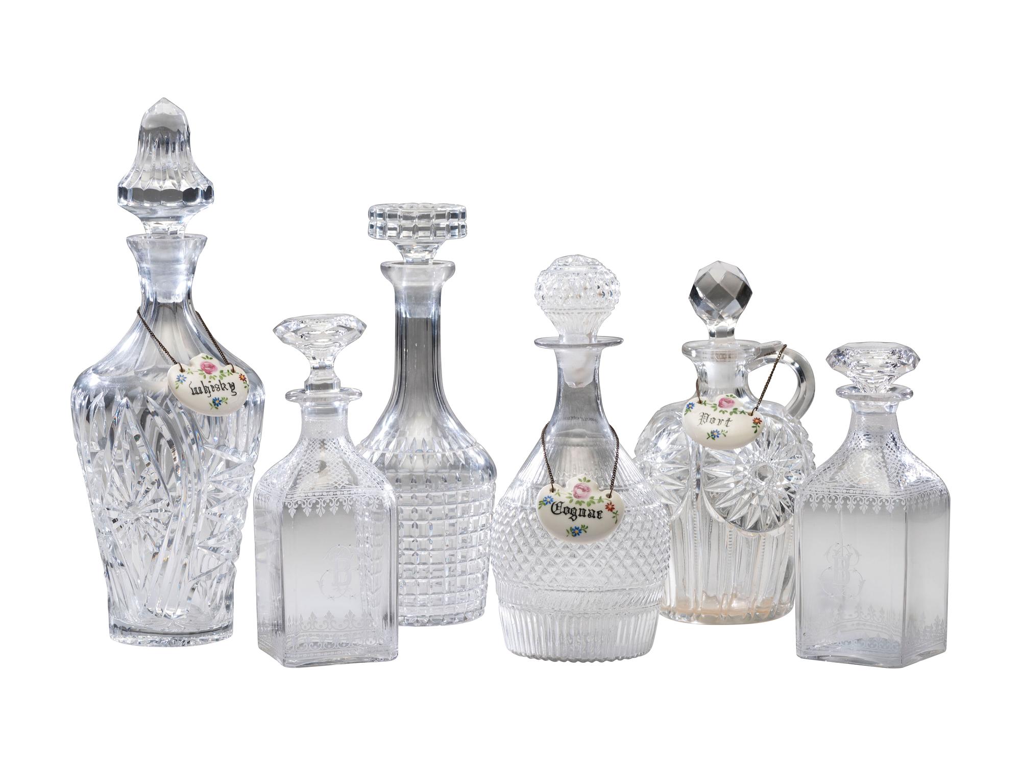 Six Cut and Etched Glass Decanters