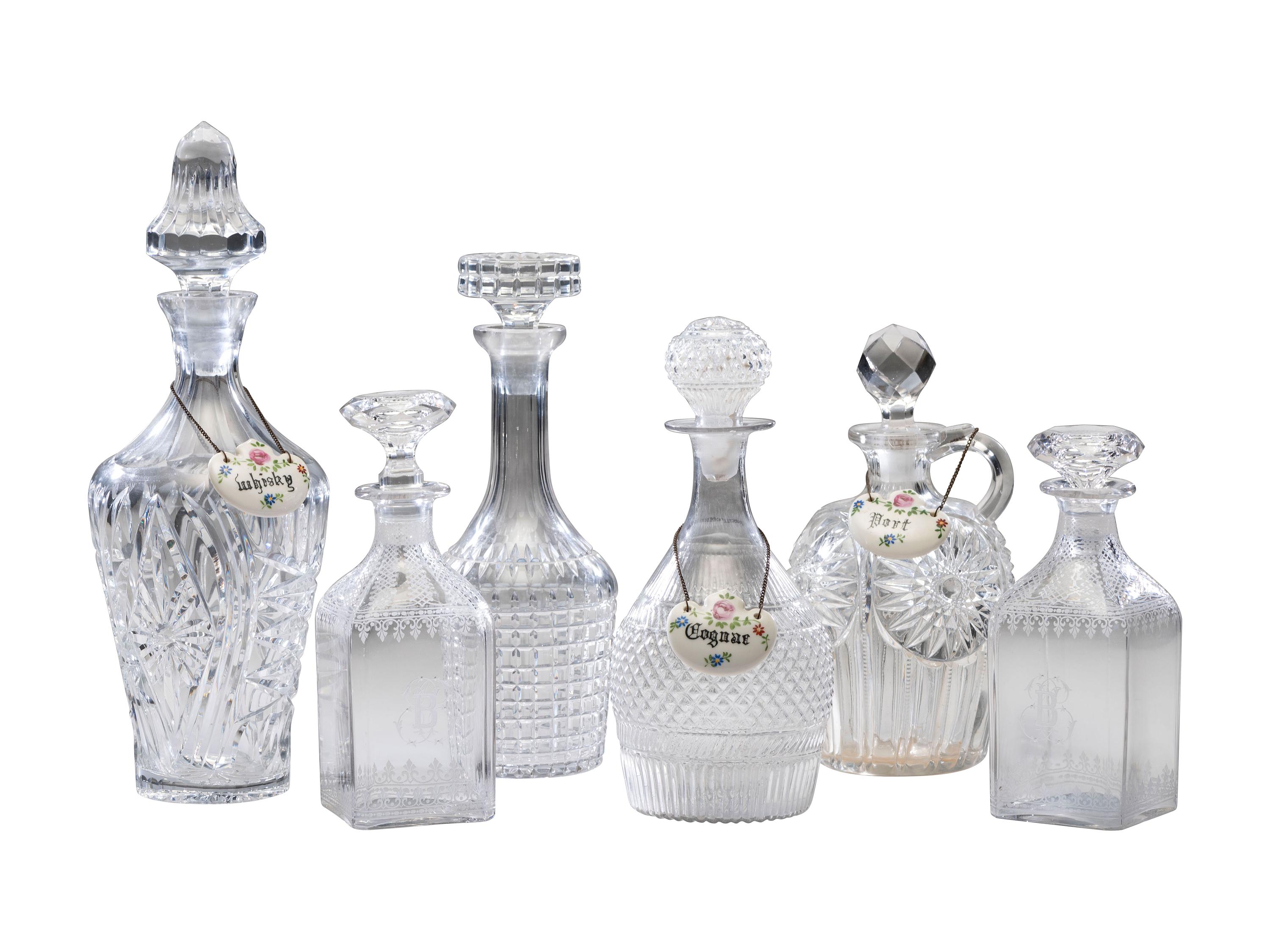 Six Cut and Etched Glass Decanters
