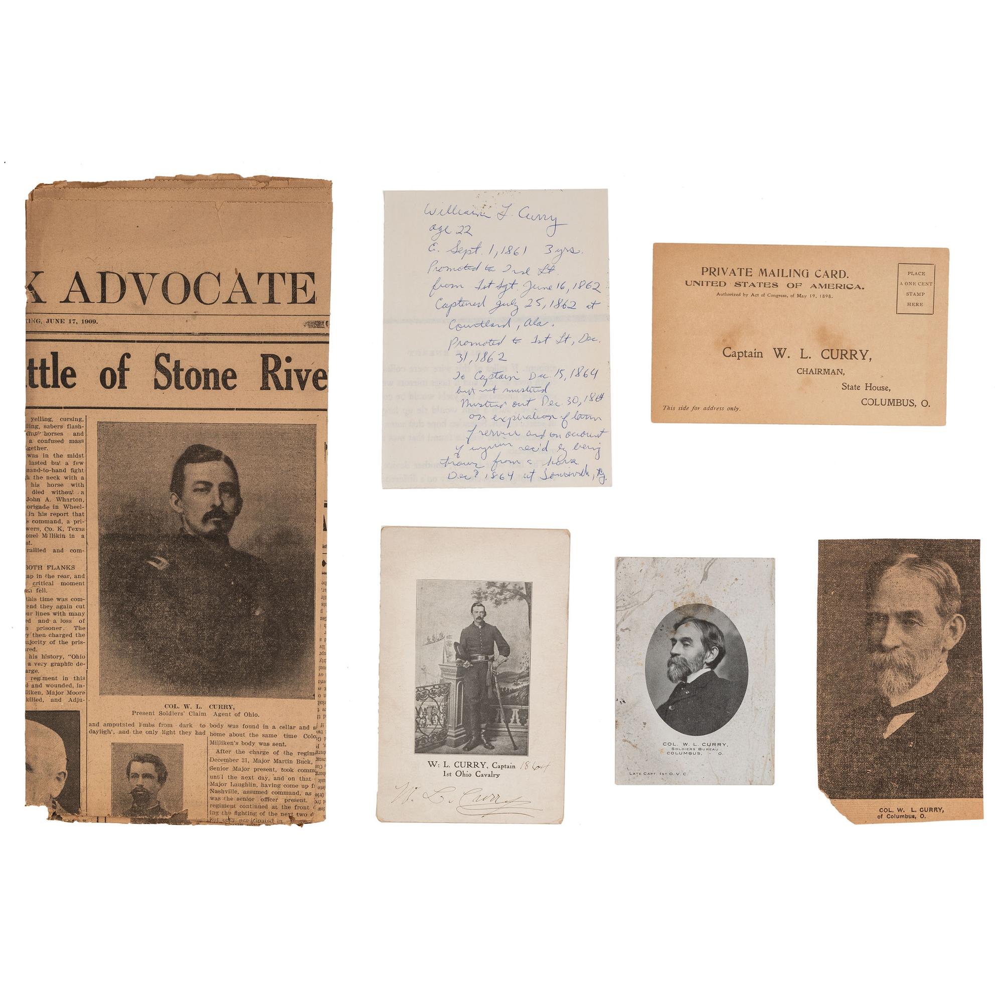 A group of 14 items identified to Captain William L. Curry, Company K, 1st Ohio Volunteer Cavalry, incl. inscribed Model 1840 US Army regulation cavalry saber, belt plate, spurs, and tintype.