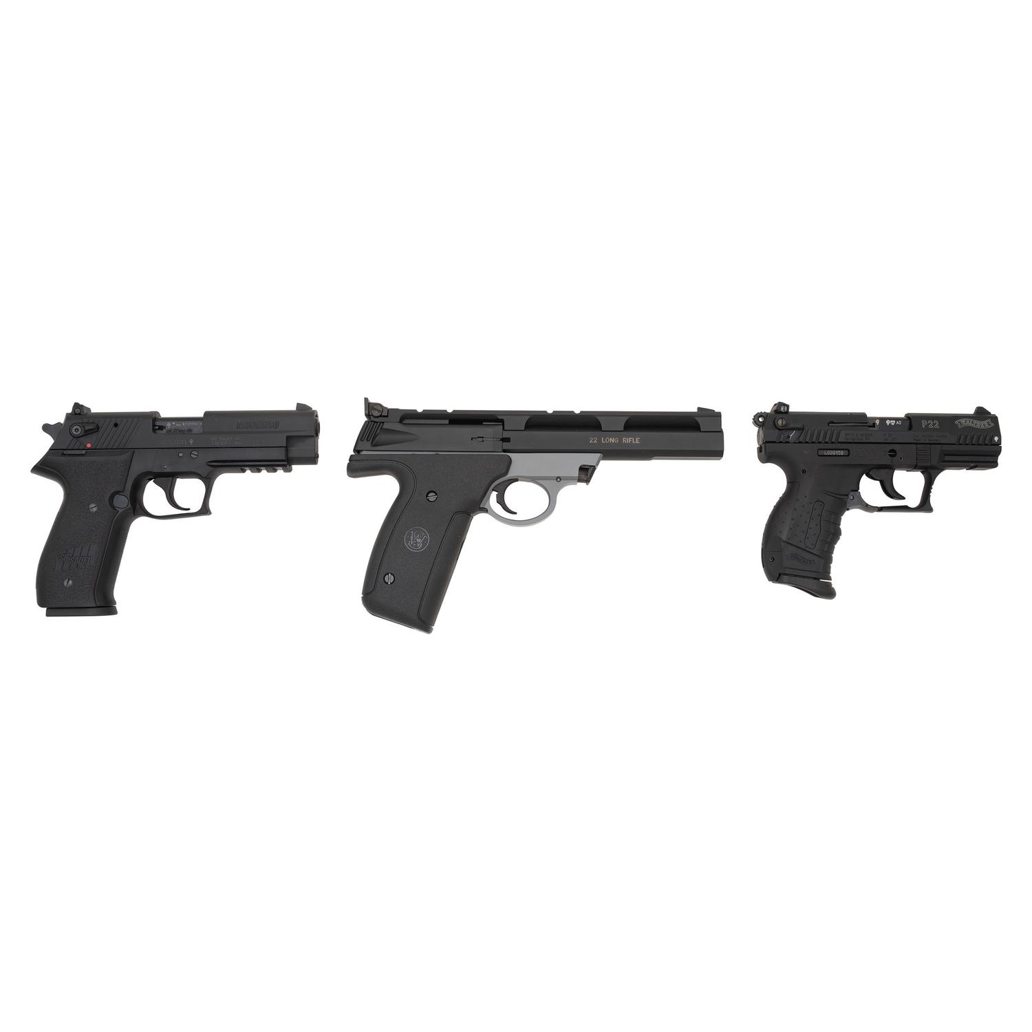 * Lot of Three .22 Pistols including Walther P22 in Box with Accessories, Sig Mosquito, and Smith & Wesson 22A-1