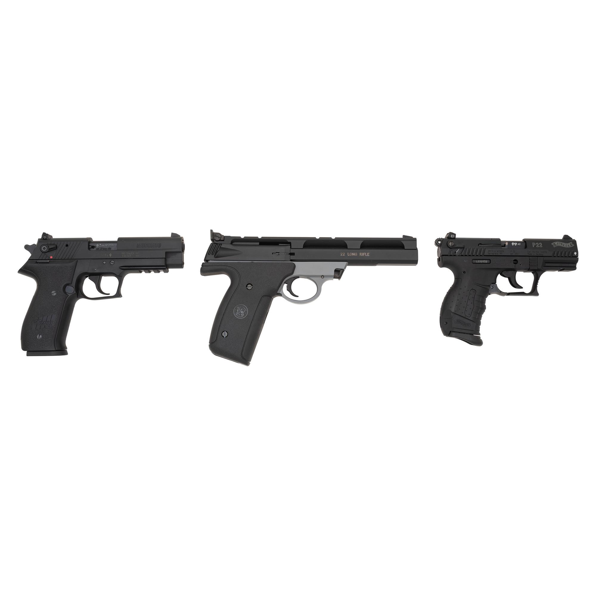 * Lot of Three .22 Pistols including Walther P22 in Box with Accessories, Sig Mosquito, and Smith & Wesson 22A-1