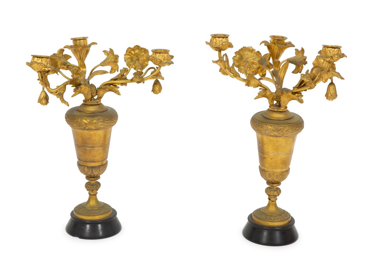 A Near Pair of French Gilt Bronze Floral Three-Light Candelabra