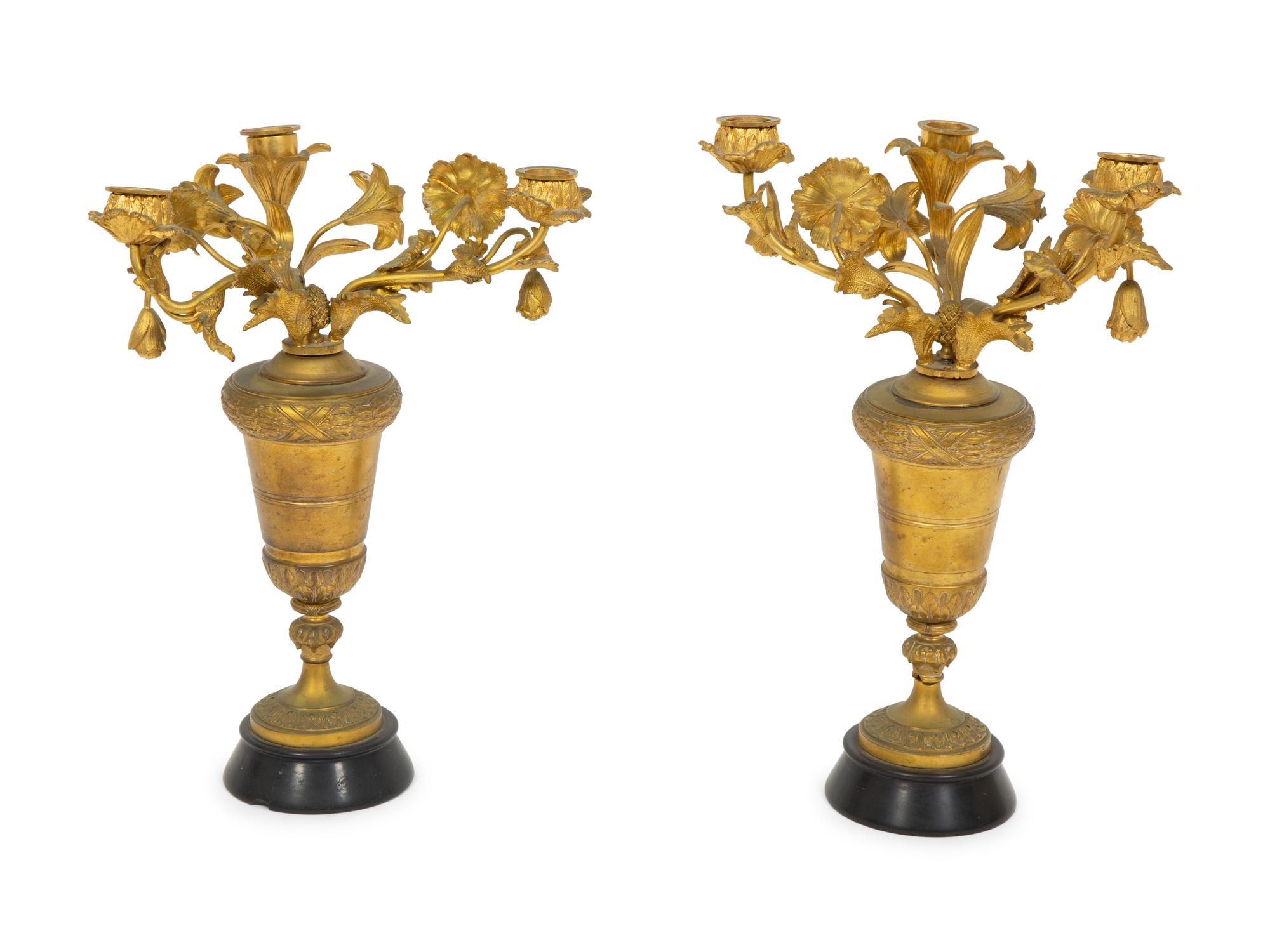 A Near Pair of French Gilt Bronze Floral Three-Light Candelabra