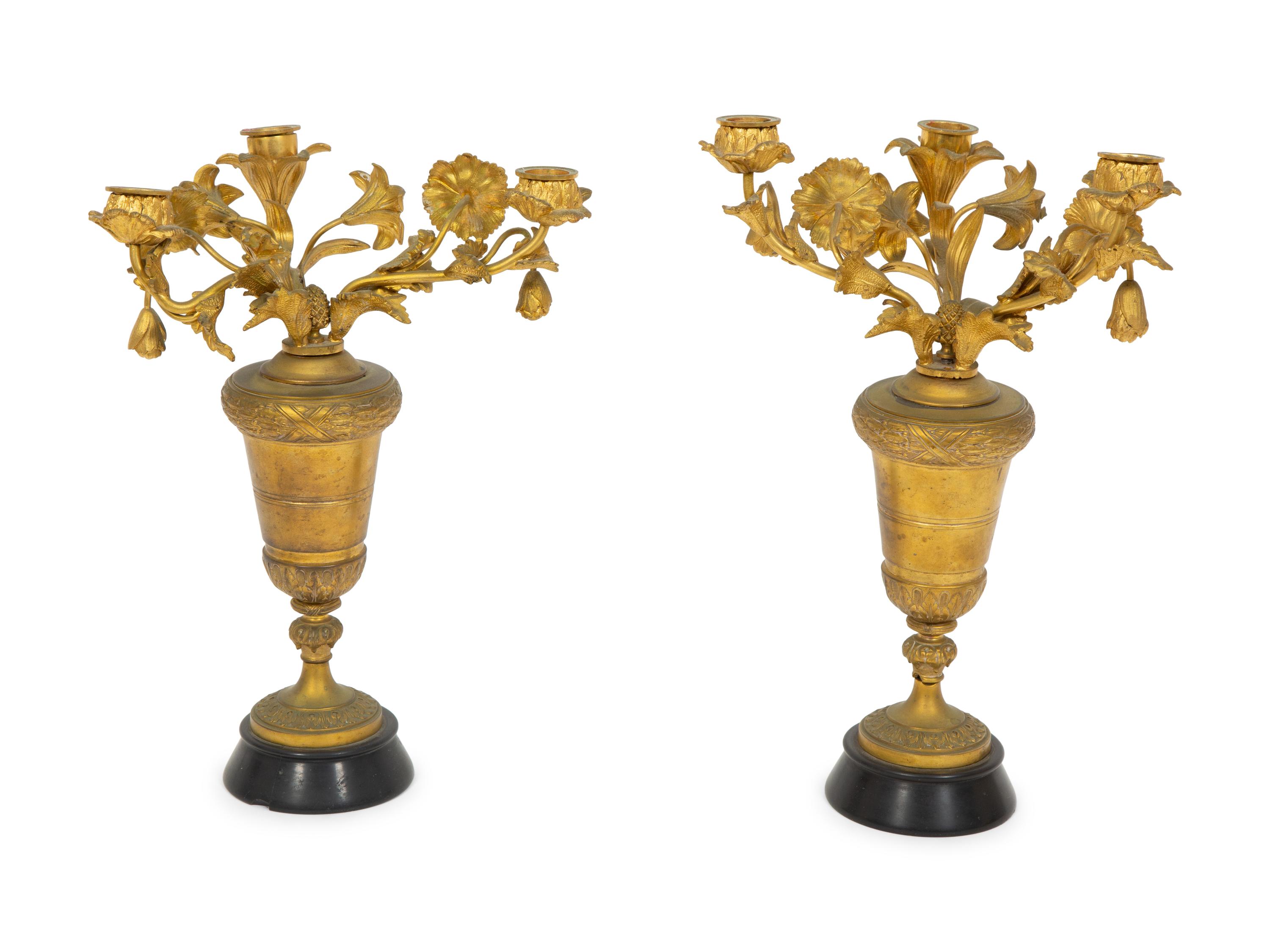 A Near Pair of French Gilt Bronze Floral Three-Light Candelabra