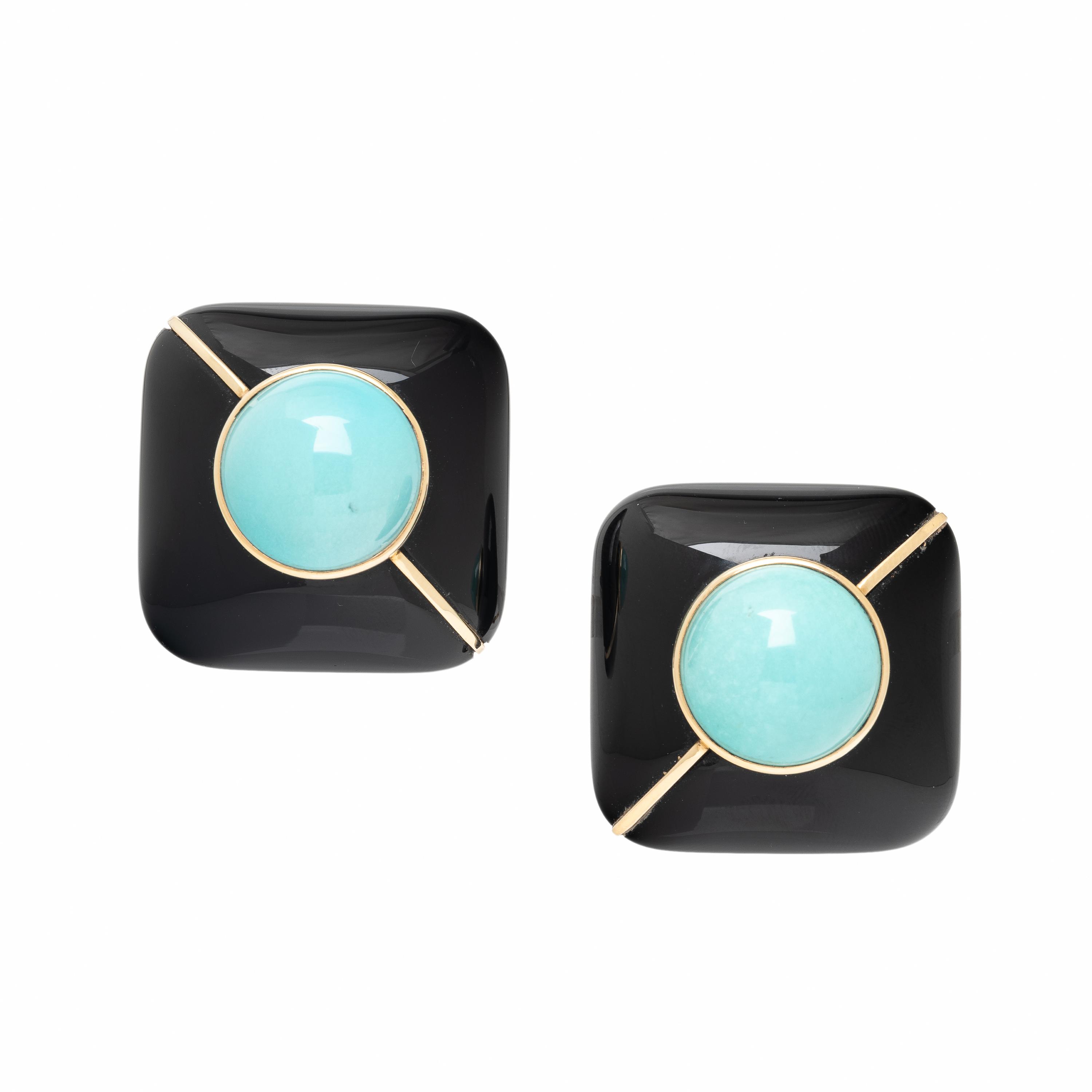Onyx, Turquoise, and Yellow Gold Earrings