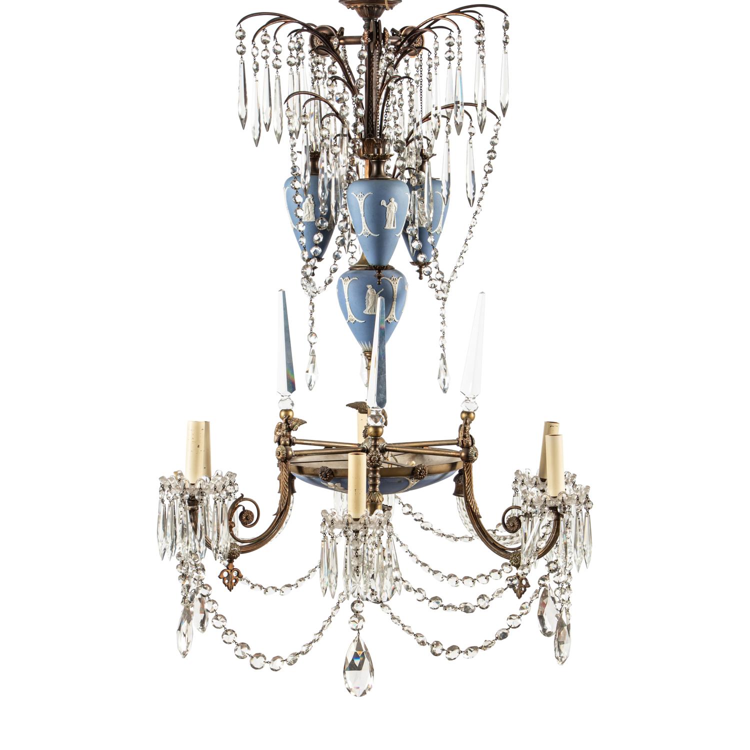 A French Gilt Bronze, Cut Glass and Jasperware Six-Light Chandelier