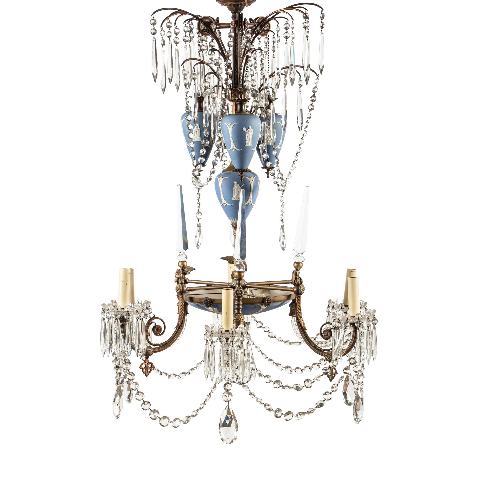 A French Gilt Bronze, Cut Glass and Jasperware Six-Light Chandelier
