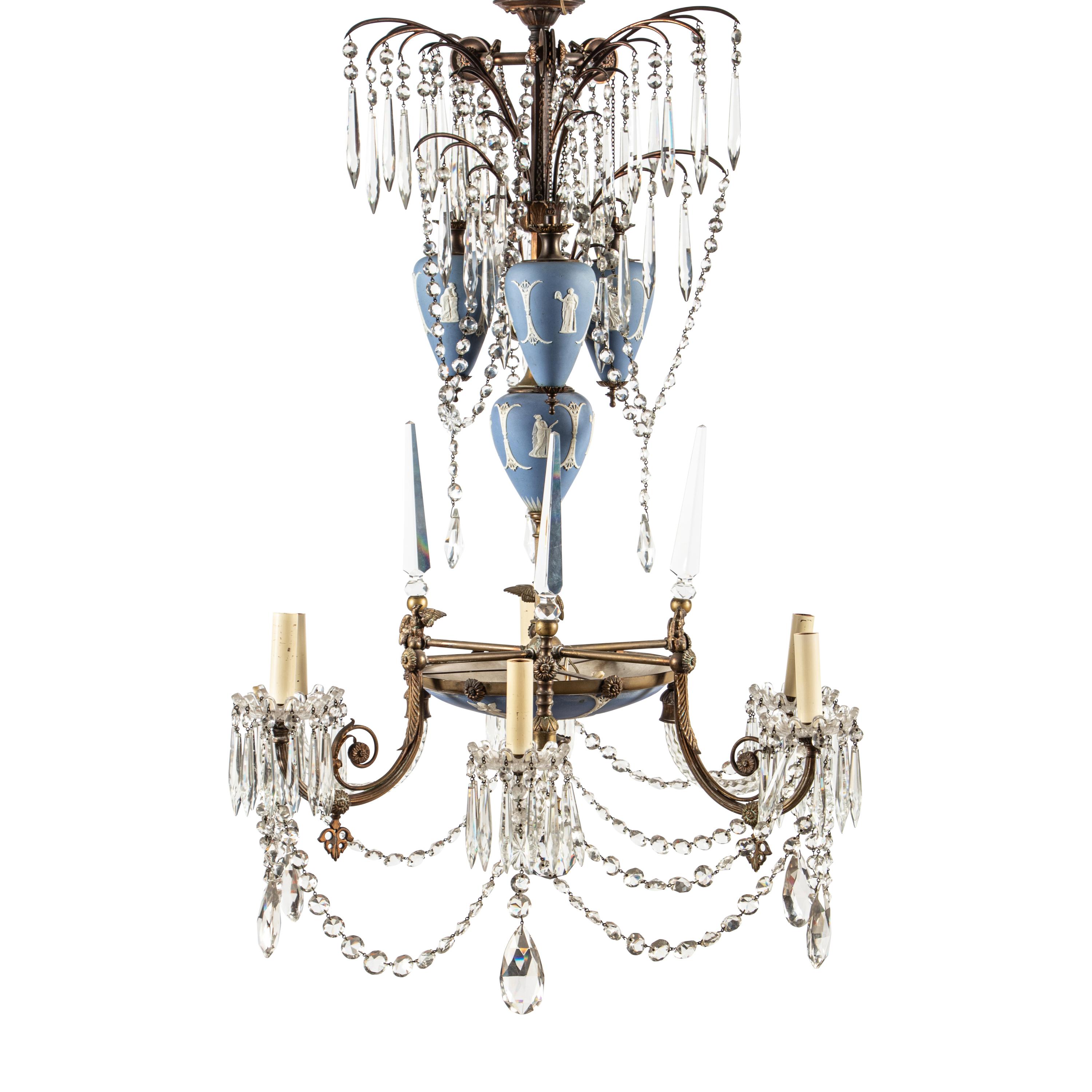A French Gilt Bronze, Cut Glass and Jasperware Six-Light Chandelier