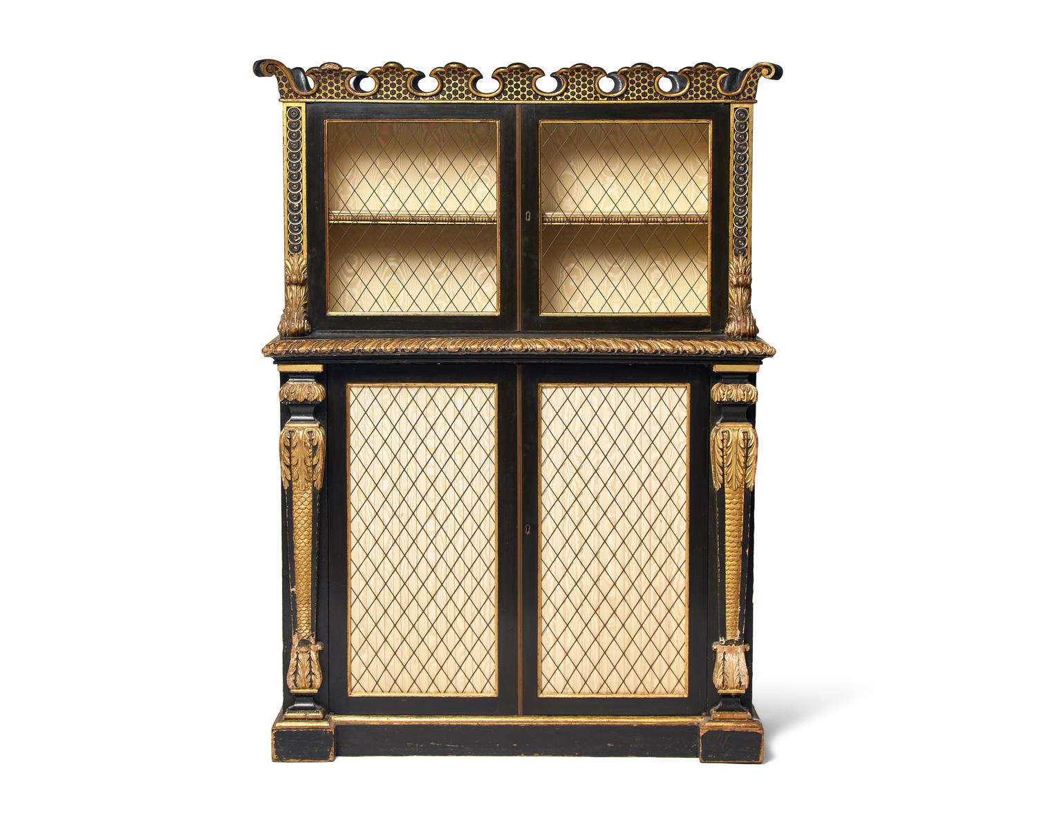 A Continental Ebonized and Parcel Gilt Bookcase