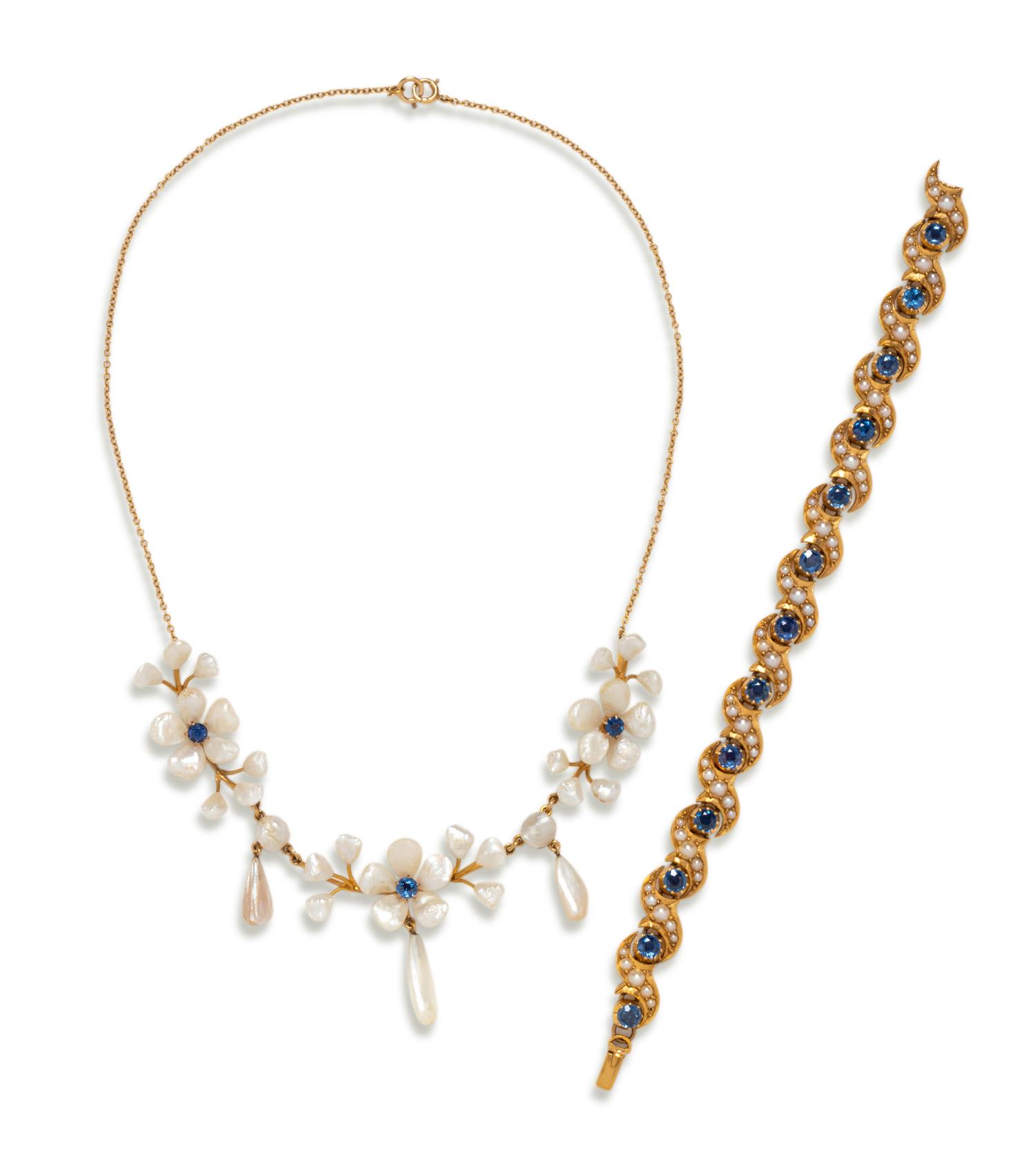 COLLECTION OF YELLOW GOLD, SAPPHIRE AND CULTURED PEARL JEWELRY