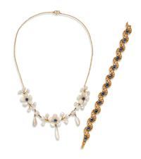COLLECTION OF YELLOW GOLD, SAPPHIRE AND CULTURED PEARL JEWELRY