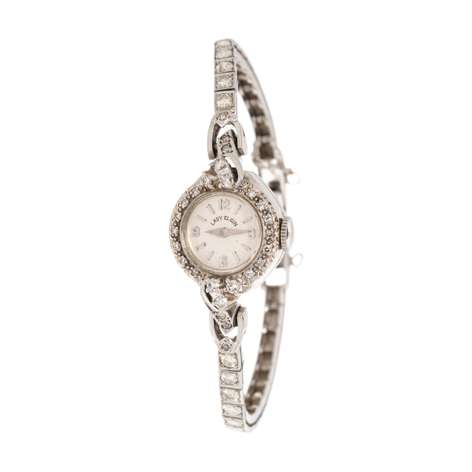 ELGIN, 14K WHITE GOLD AND DIAMOND WRISTWATCH