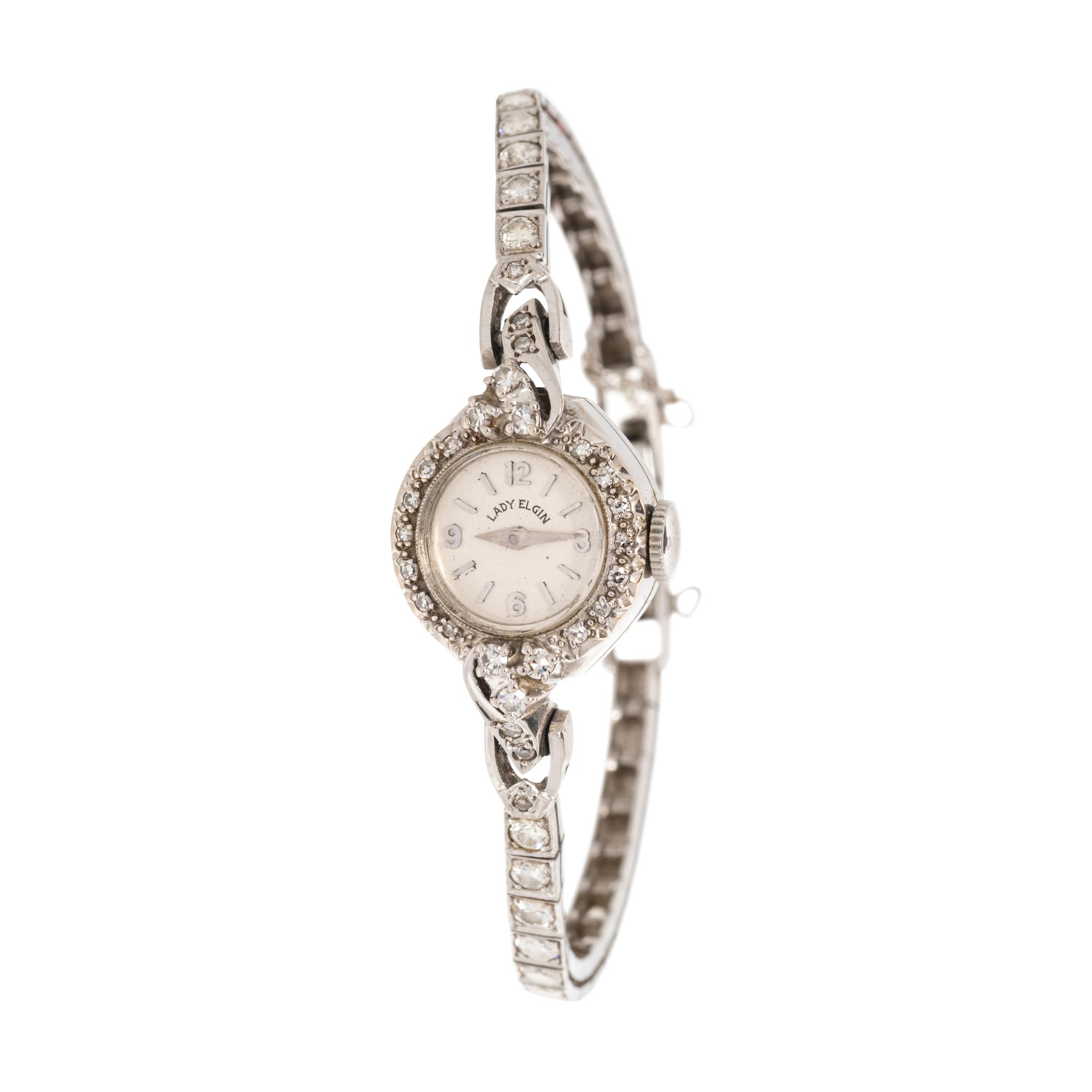 ELGIN, 14K WHITE GOLD AND DIAMOND WRISTWATCH