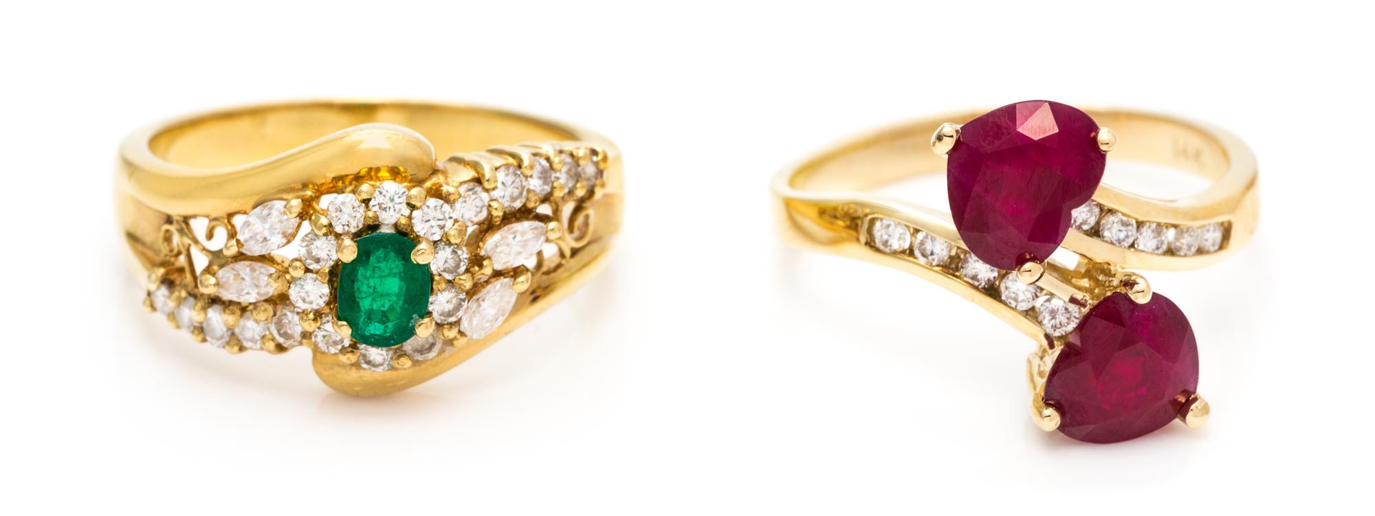 A Collection of Yellow Gold, Emerald, Ruby and Diamond Rings, 6.00 dwts.