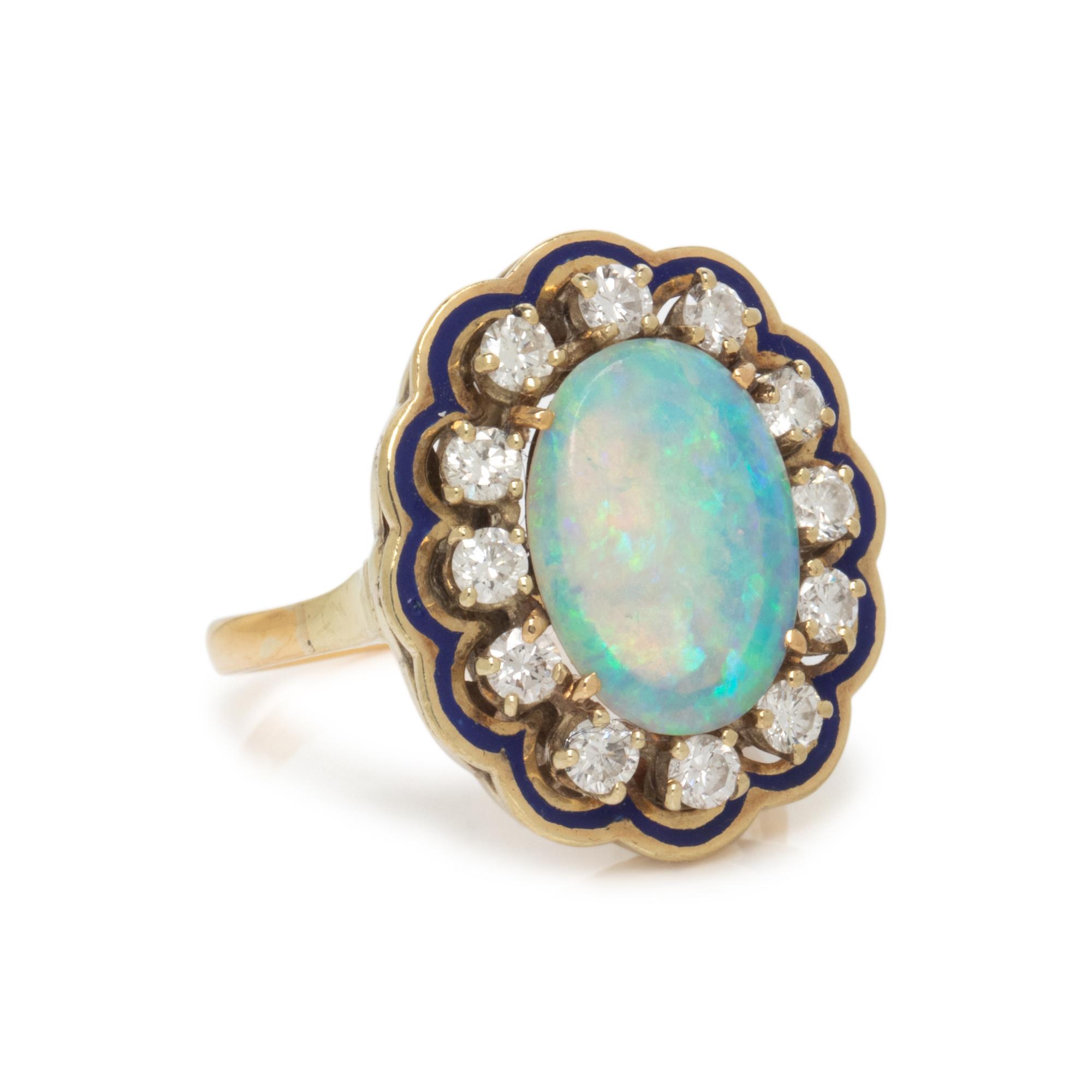 YELLOW GOLD, OPAL, DIAMOND, AND ENAMEL RING